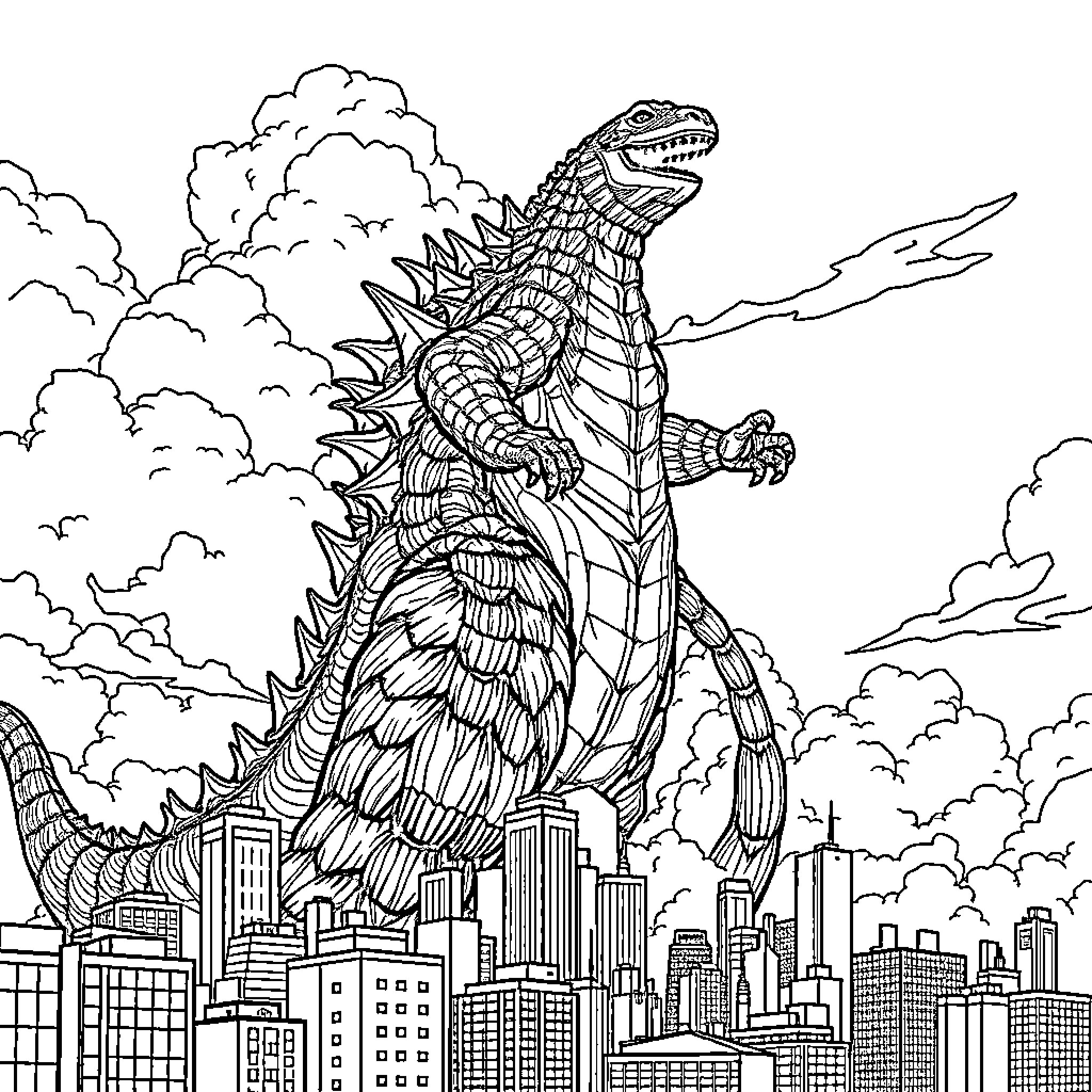 Kaiju Destroying Cityscape in the Clouds Coloring Page (free black-and-white line drawing printable PDF for all, from beginners to advanced learners, including children, teens, adults, and seniors)