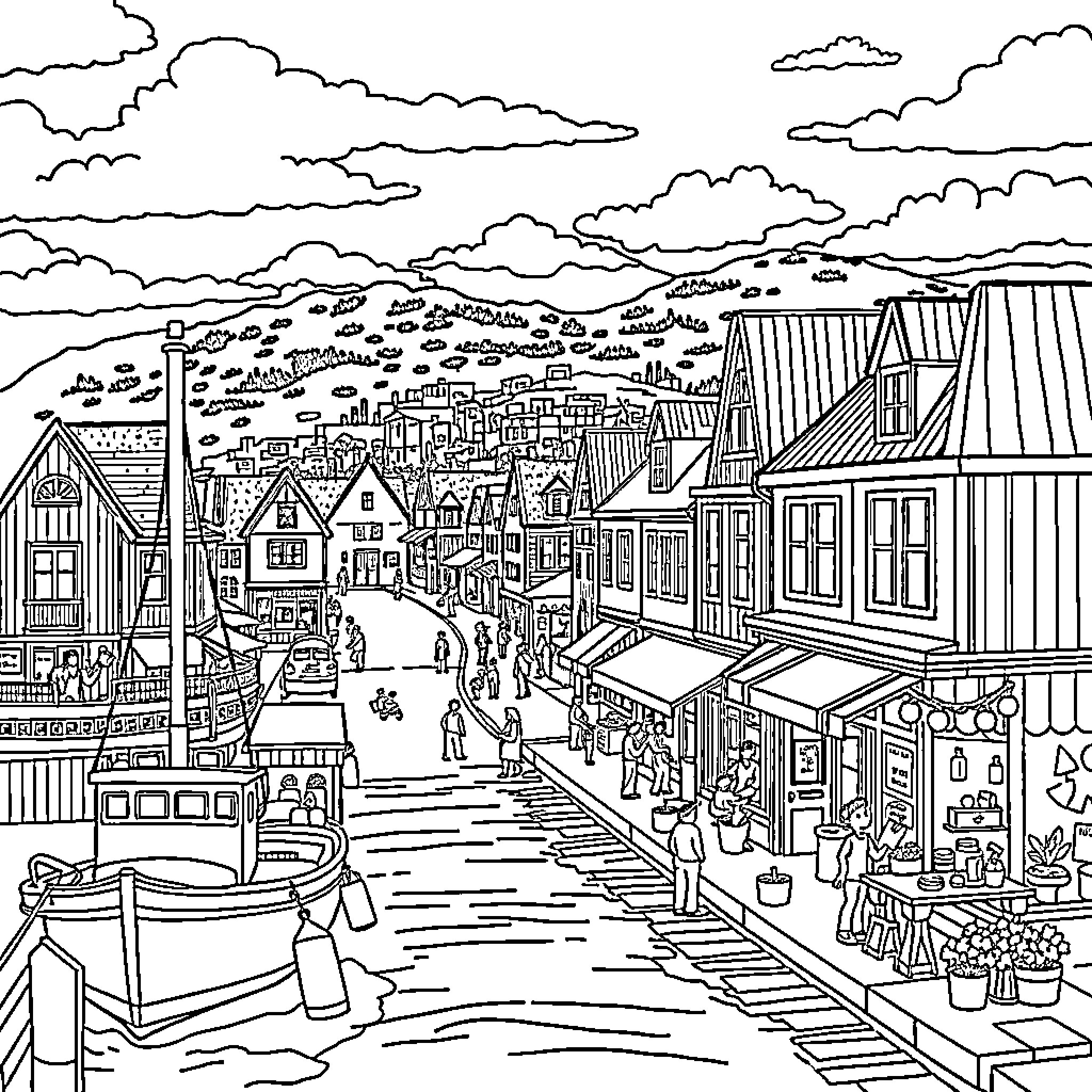 Town with Busy Street Scene and Bustling Activity Coloring Page (free black-and-white line drawing printable PDF for all, from beginners to advanced learners, including children, teens, adults, and seniors)