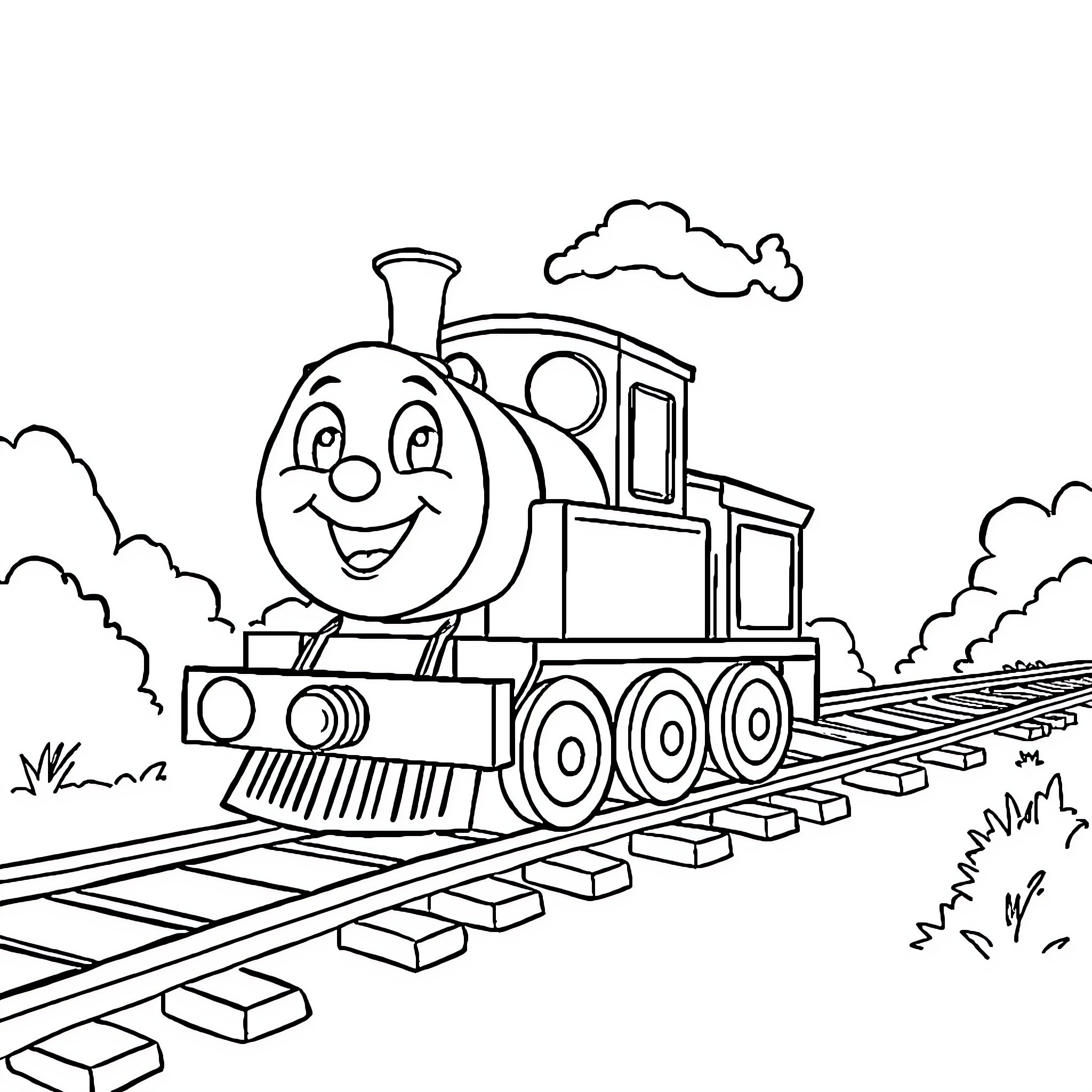 Train chugging along with a happy expression Coloring Page (free black-and-white line drawing printable PDF for all, from beginners to advanced learners, including children, teens, adults, and seniors)