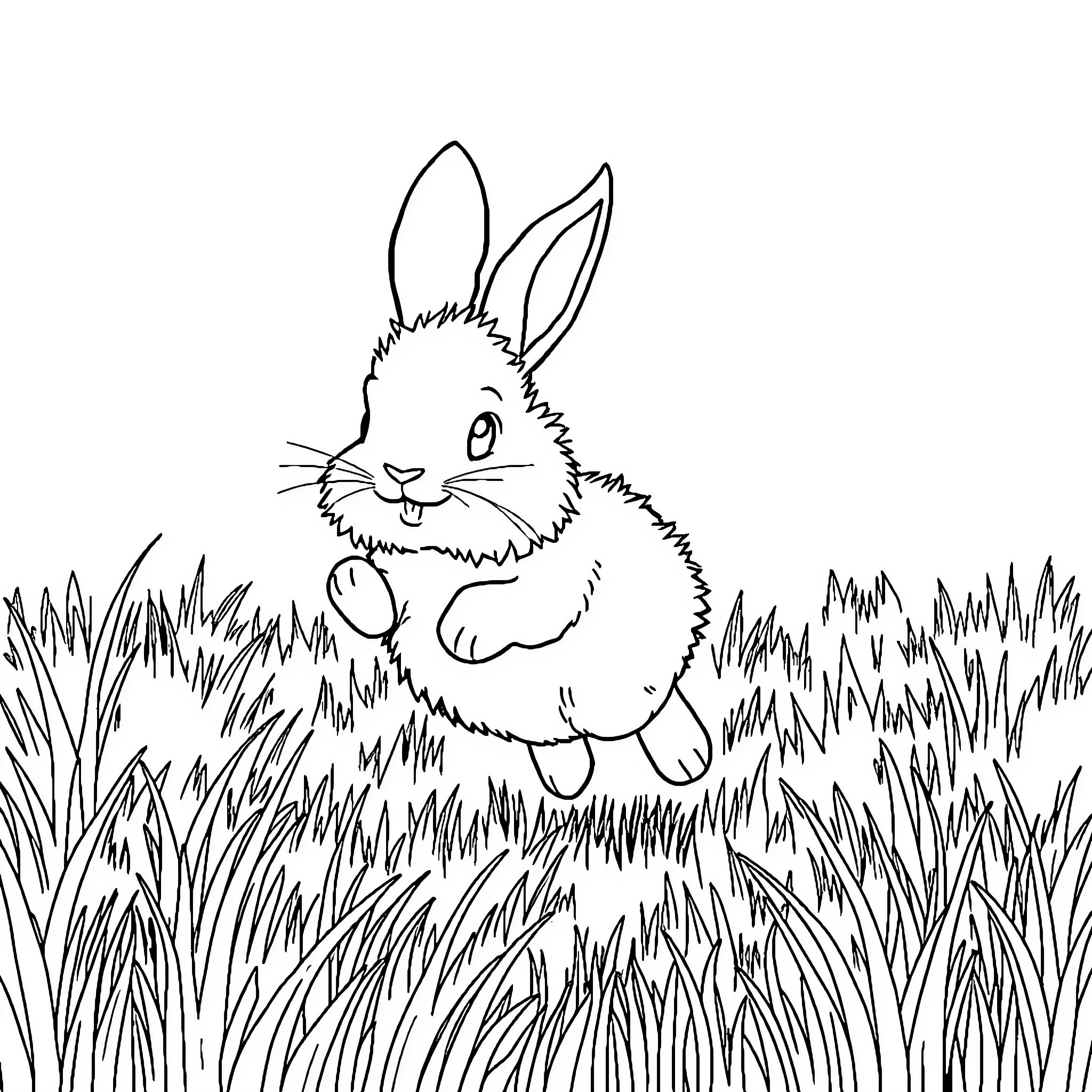 Bunny hopping joyfully through the grass Coloring Page (free black-and-white line drawing printable PDF for all, from beginners to advanced learners, including children, teens, adults, and seniors)