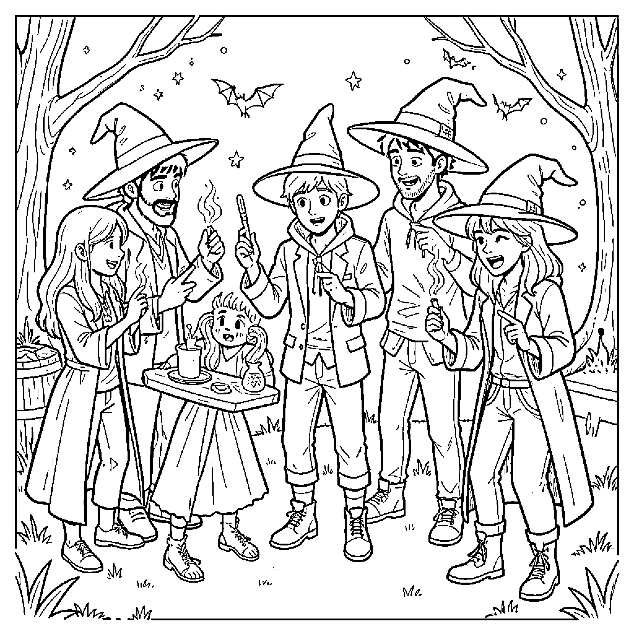 Indie Witch group performing magic in a mystical forest Coloring Page (free black-and-white line drawing printable PDF for all, from beginners to advanced learners, including children, teens, adults, and seniors)