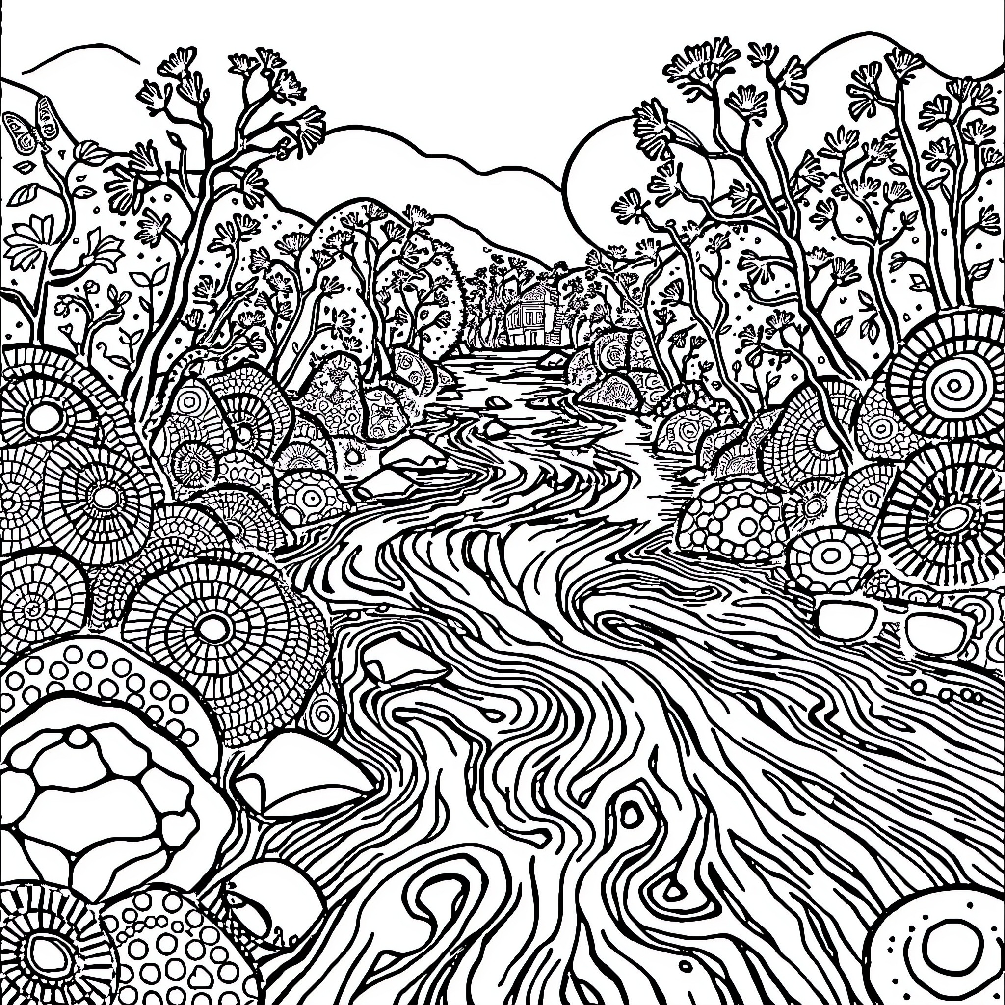 River flowing through lush, ornate landscape Coloring Page (free black-and-white line drawing printable PDF for all, from beginners to advanced learners, including children, teens, adults, and seniors)
