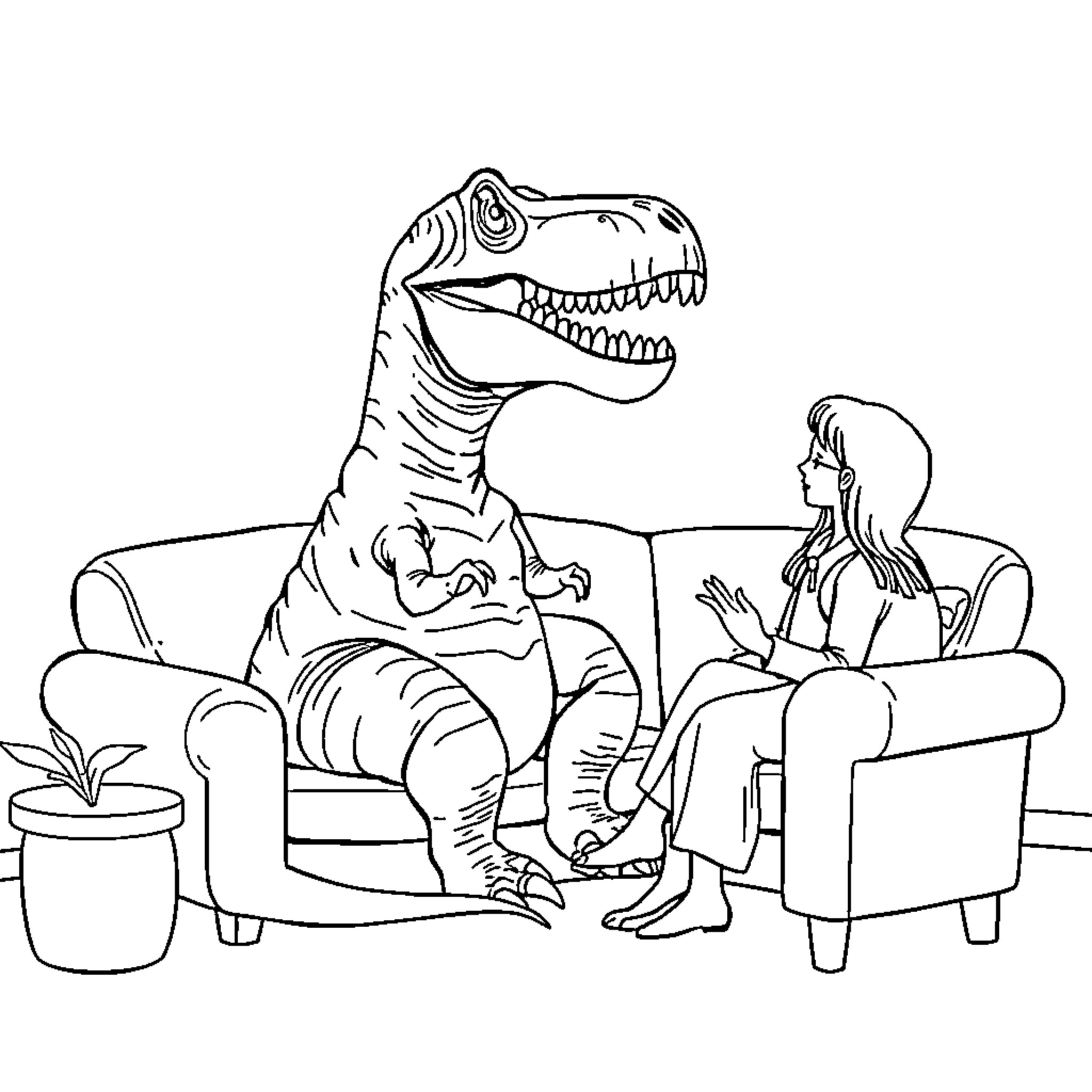Trex Interacting with Human in Living Room Coloring Page (free black-and-white line drawing printable PDF for all, from beginners to advanced learners, including children, teens, adults, and seniors)