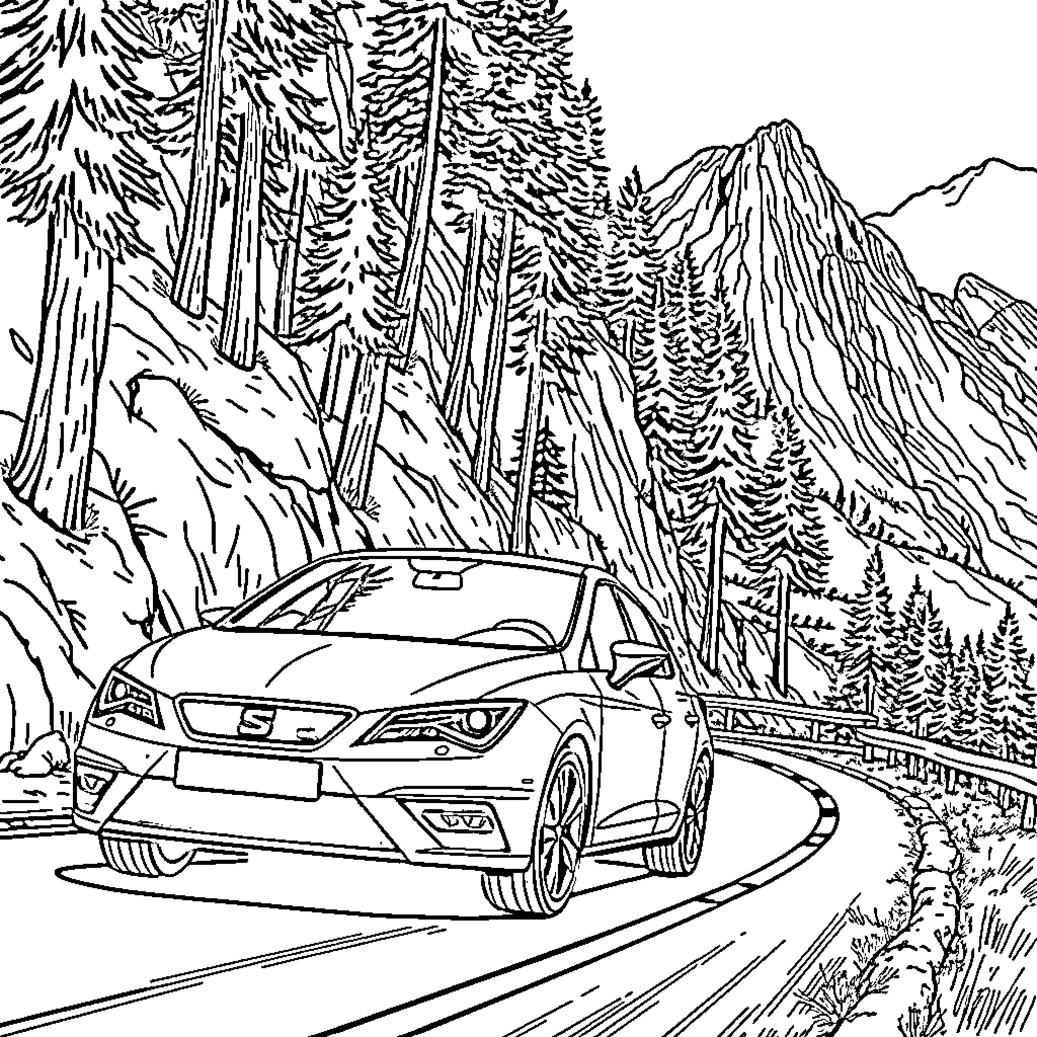 Seat Leon driving through a scenic mountain landscape Coloring Page (free black-and-white line drawing printable PDF for all, from beginners to advanced learners, including children, teens, adults, and seniors)