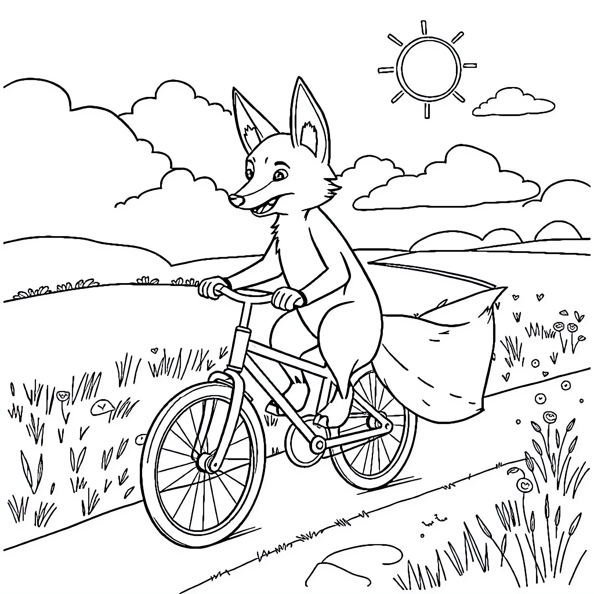 Fox riding a bicycle on a countryside road Coloring Page (free black-and-white line drawing printable PDF for all, from beginners to advanced learners, including children, teens, adults, and seniors)