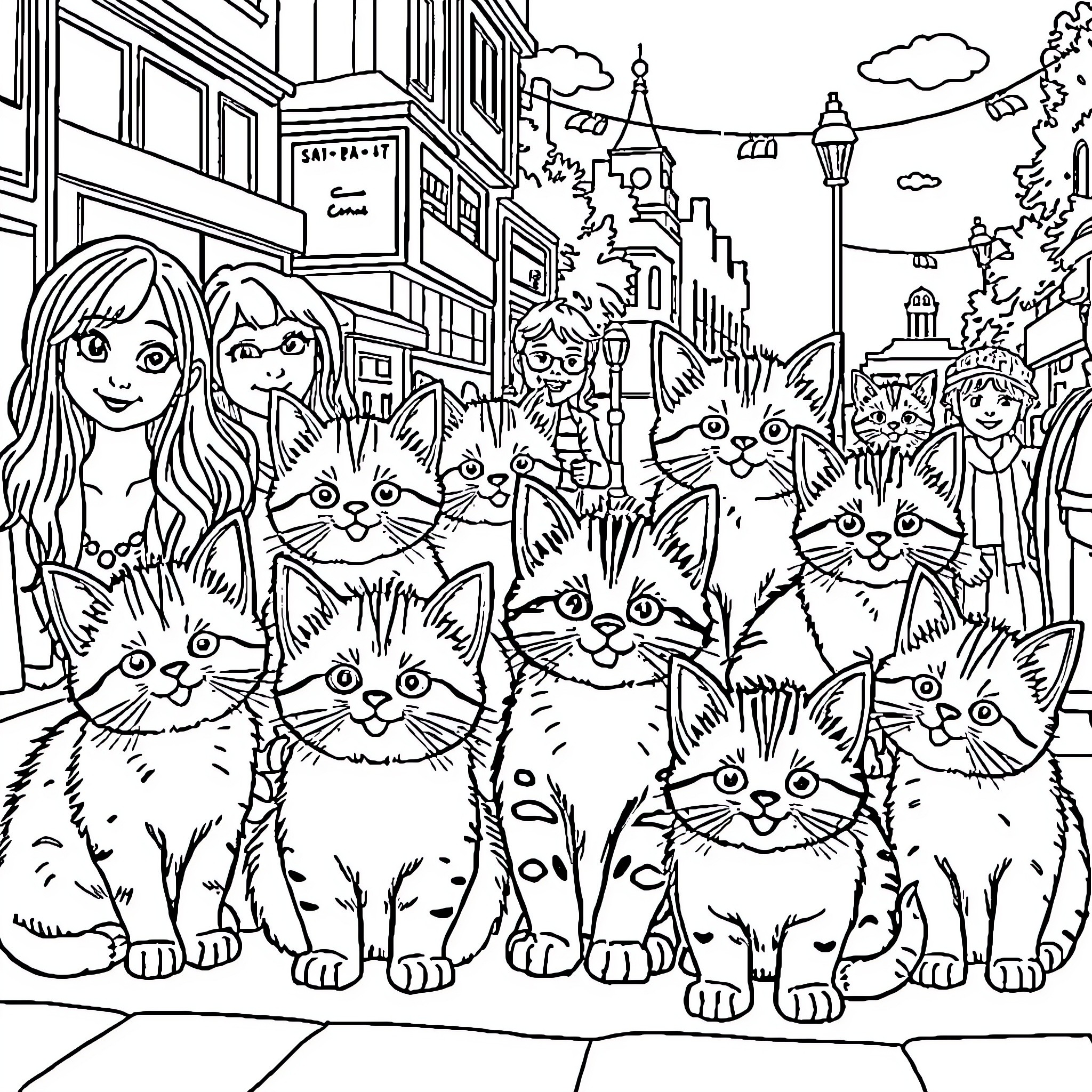 Kittens exploring the city streets Coloring Page (free black-and-white line drawing printable PDF for all, from beginners to advanced learners, including children, teens, adults, and seniors)