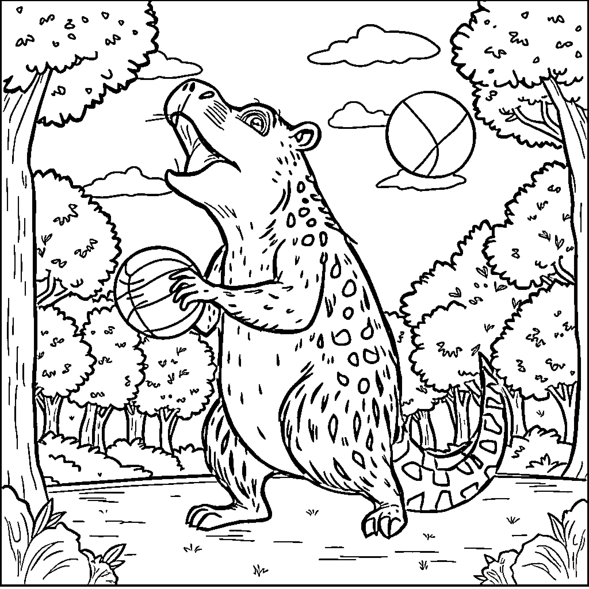 Capybara playing with a ball in the forest Coloring Page (free black-and-white line drawing printable PDF for all, from beginners to advanced learners, including children, teens, adults, and seniors)