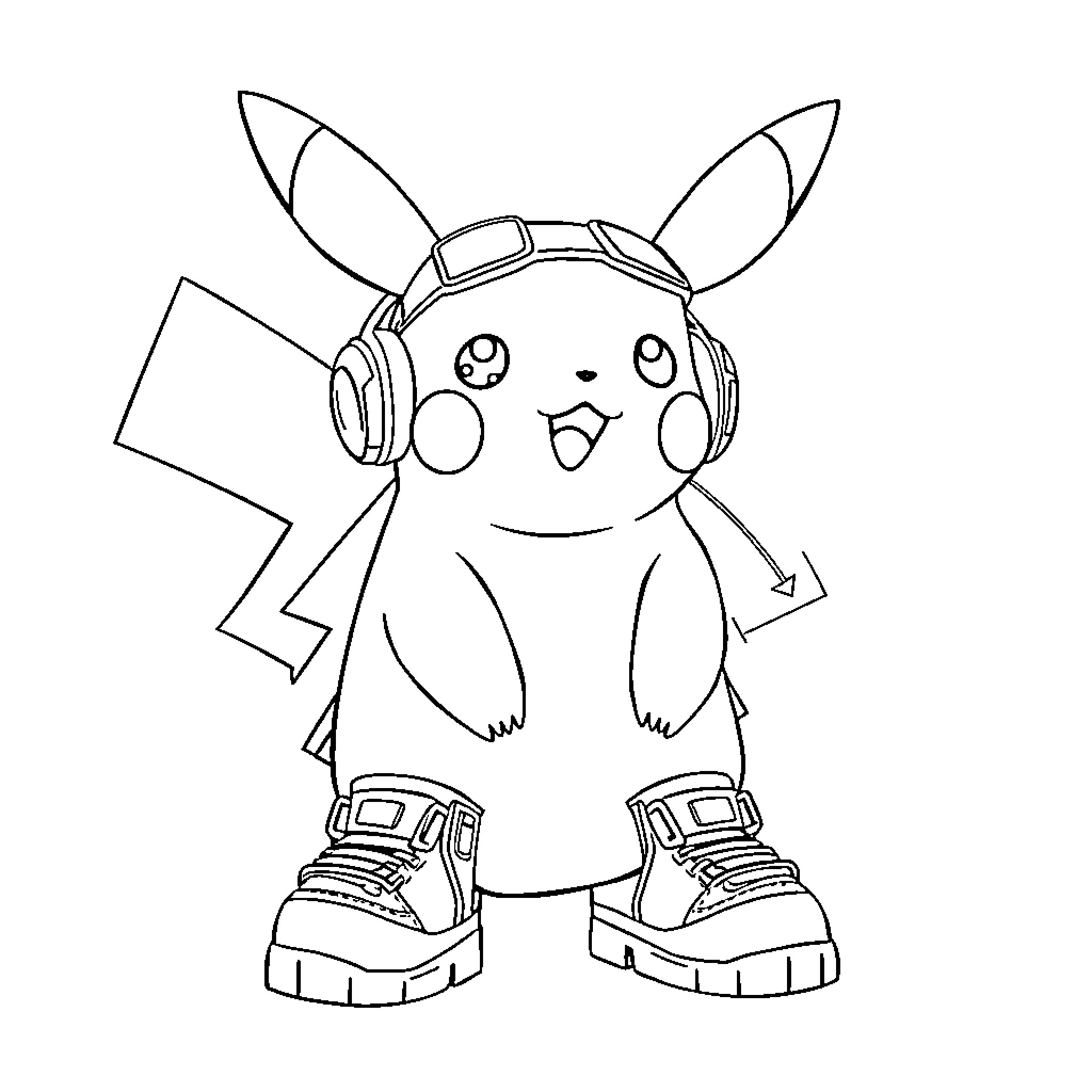 Pikachu in stylish headphones and boots Coloring Page (free black-and-white line drawing printable PDF for all, from beginners to advanced learners, including children, teens, adults, and seniors)