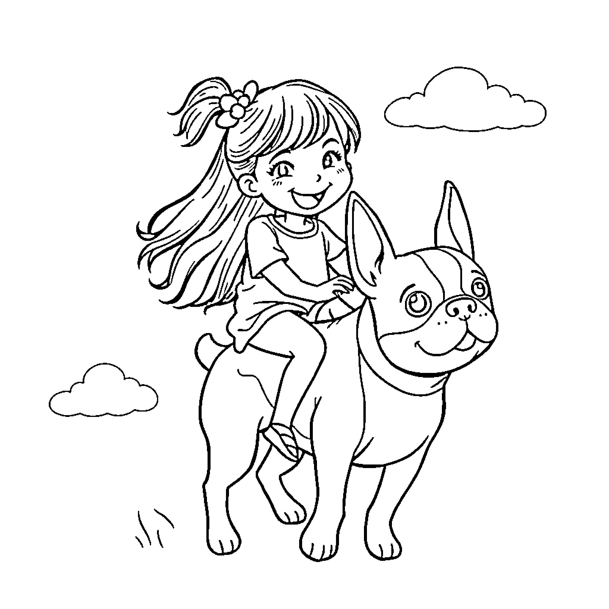 Girl playing happily with her pet dog Coloring Page (free black-and-white line drawing printable PDF for all, from beginners to advanced learners, including children, teens, adults, and seniors)