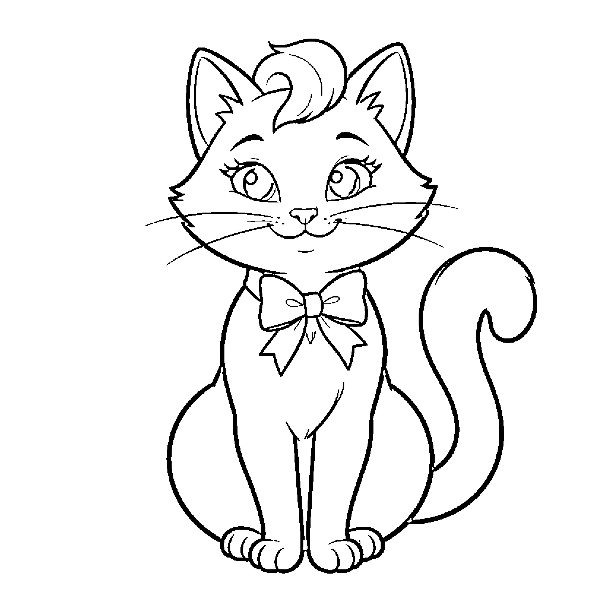 Marie the kitten sitting gracefully with a bow Coloring Page (free black-and-white line drawing printable PDF for all, from beginners to advanced learners, including children, teens, adults, and seniors)