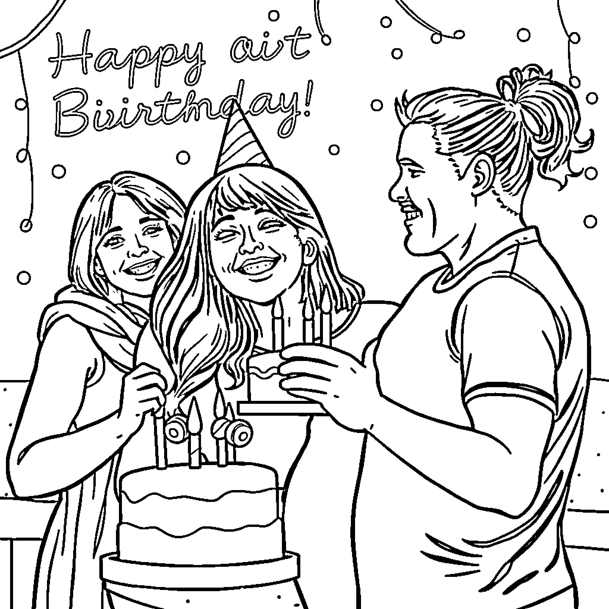 Maman's Happy Birthday Celebration with Loved Ones Coloring Page (free black-and-white line drawing printable PDF for all, from beginners to advanced learners, including children, teens, adults, and seniors)