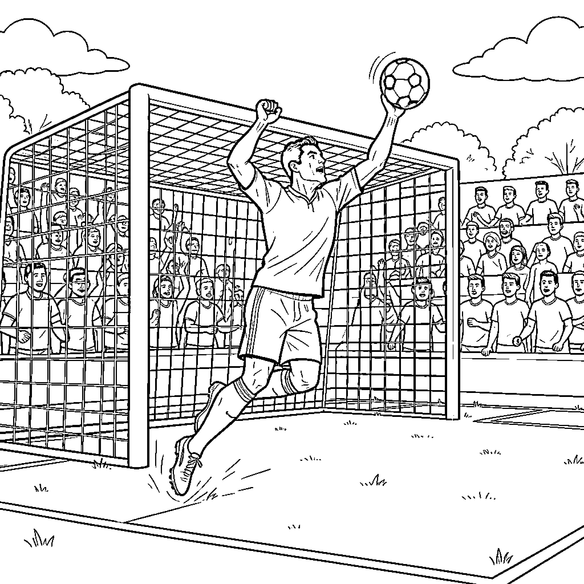 Ronaldo jumping high to head a soccer ball Coloring Page (free black-and-white line drawing printable PDF for all, from beginners to advanced learners, including children, teens, adults, and seniors)