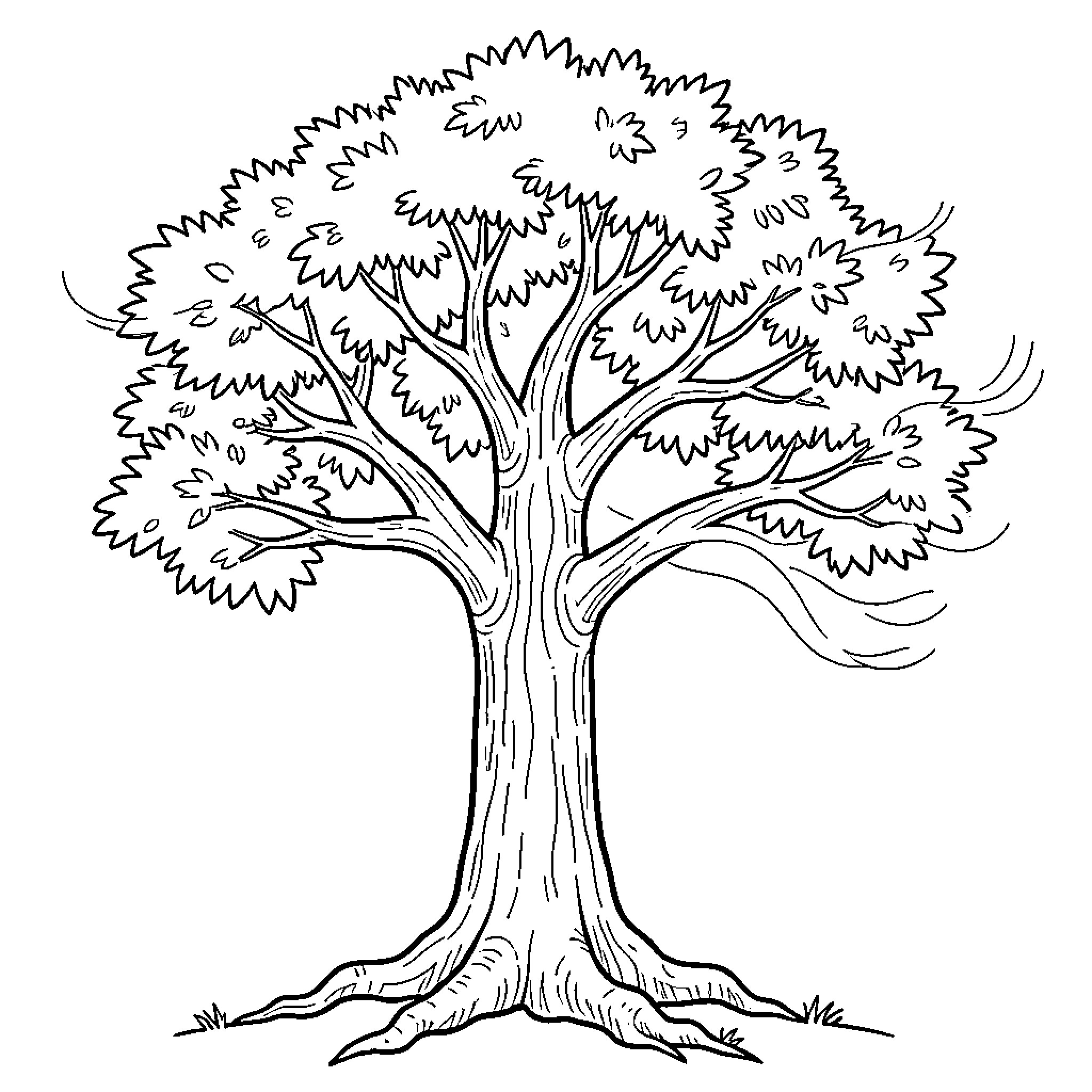 Tree standing tall with spreading branches and leaves Coloring Page (free black-and-white line drawing printable PDF for all, from beginners to advanced learners, including children, teens, adults, and seniors)
