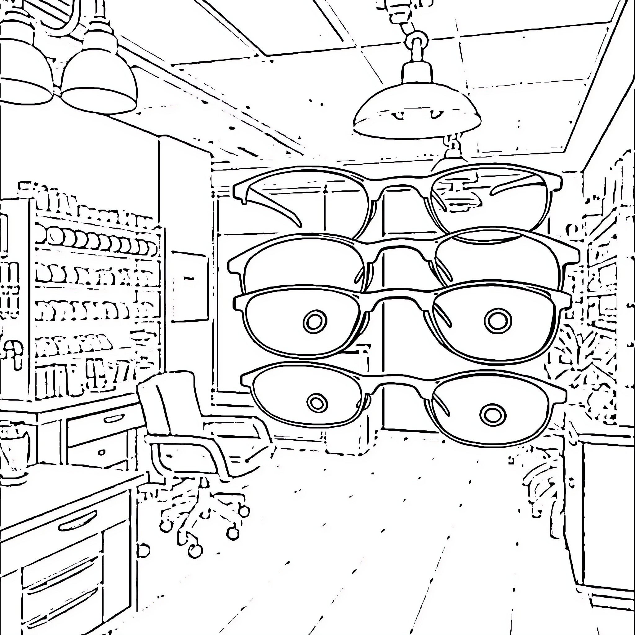 Contact Lens Store Interior Coloring Page (free black-and-white line drawing printable PDF for all, from beginners to advanced learners, including children, teens, adults, and seniors)