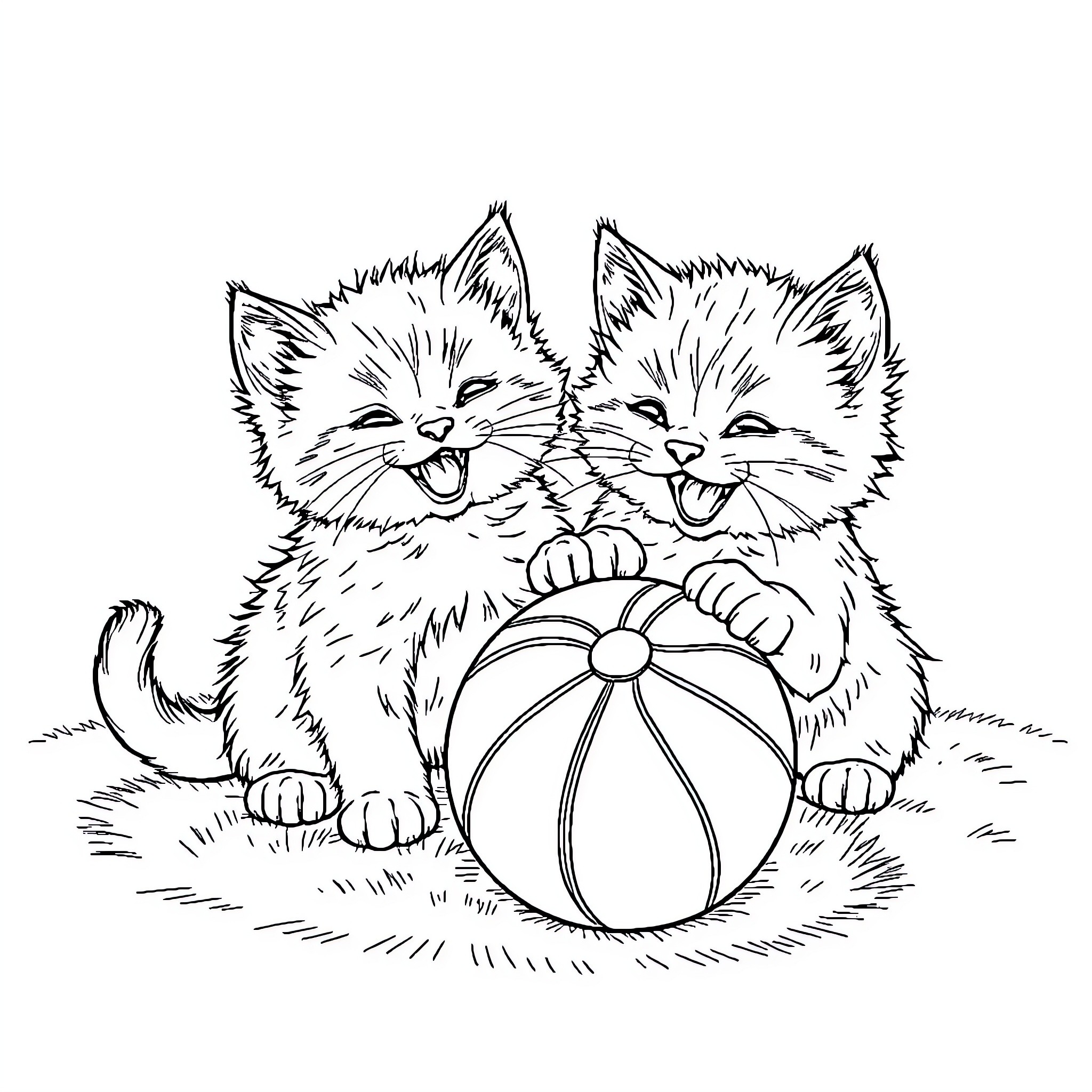 Kittens playing with ball joyfully Coloring Page (free black-and-white line drawing printable PDF for all, from beginners to advanced learners, including children, teens, adults, and seniors)