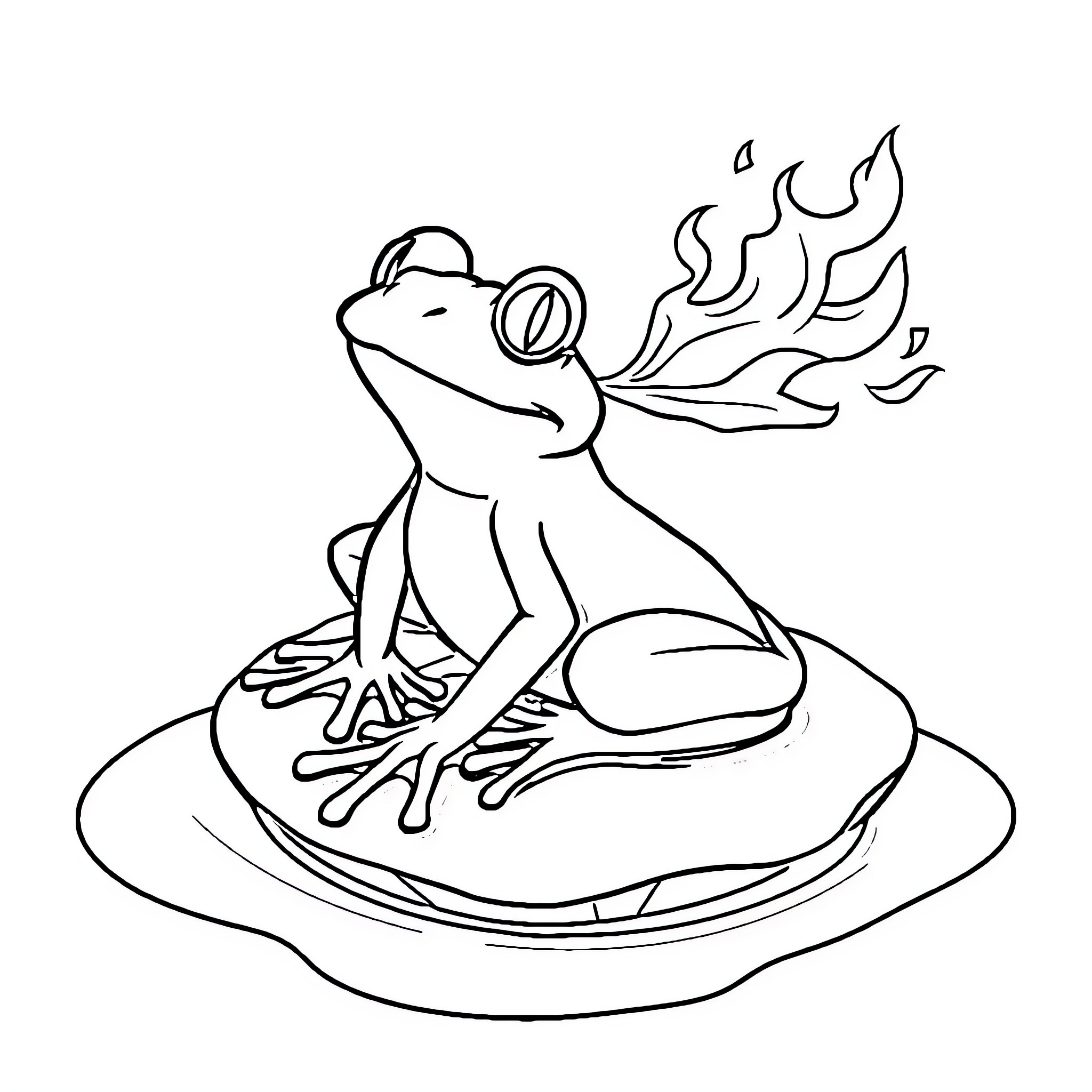 Frog breathing fire on lily pad Coloring Page (free black-and-white line drawing printable PDF for all, from beginners to advanced learners, including children, teens, adults, and seniors)