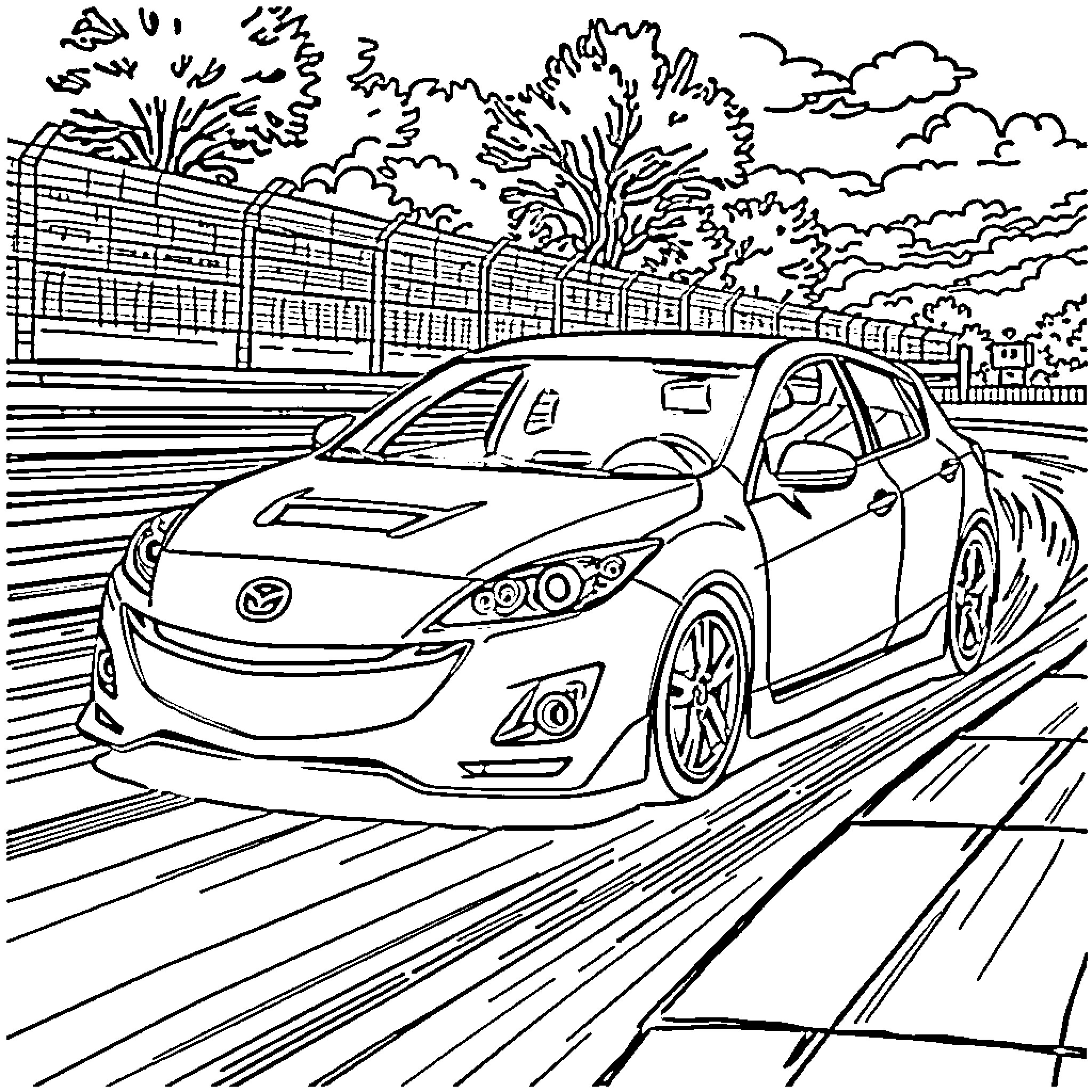 Mazdaspeed high-performance vehicle on urban road Coloring Page (free black-and-white line drawing printable PDF for all, from beginners to advanced learners, including children, teens, adults, and seniors)