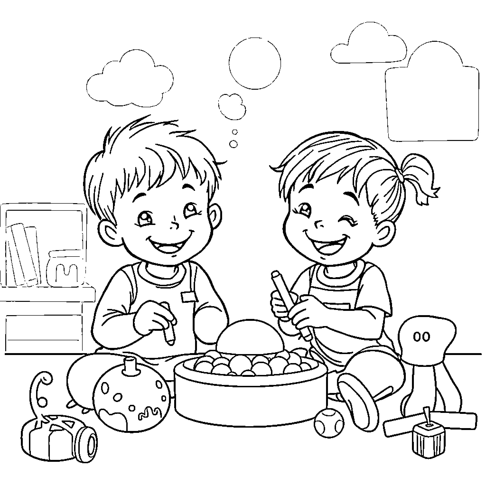 Daycare children engaging in playful activities Coloring Page (free black-and-white line drawing printable PDF for all, from beginners to advanced learners, including children, teens, adults, and seniors)