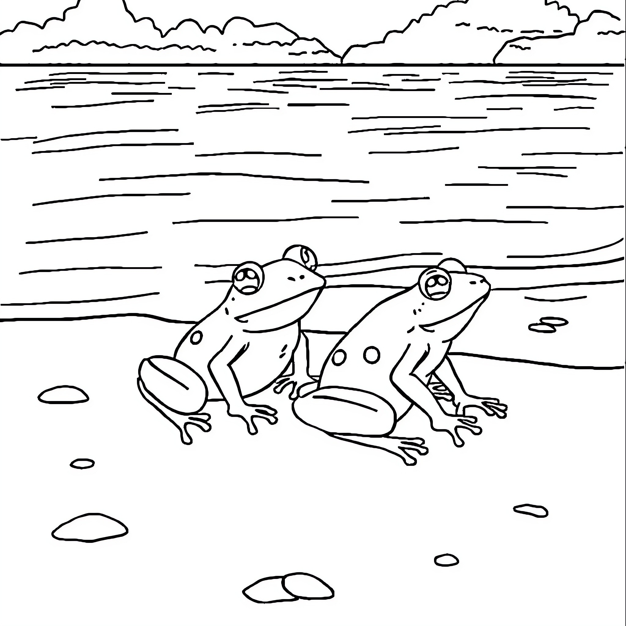 Frogs resting by the pond Coloring Page (free black-and-white line drawing printable PDF for all, from beginners to advanced learners, including children, teens, adults, and seniors)