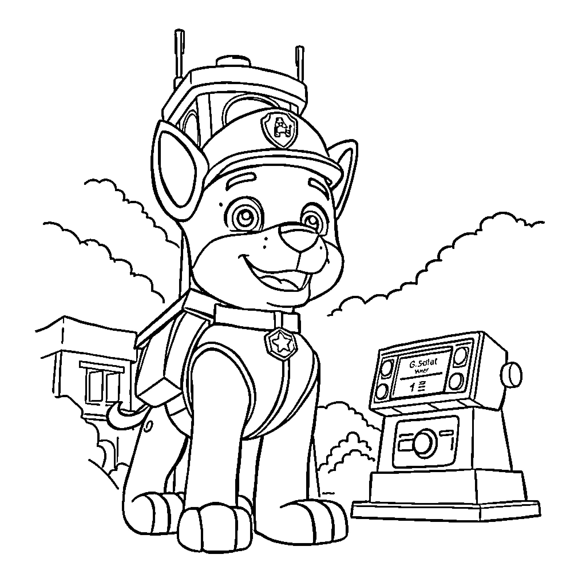 Marshall the Pup on Patrol with Radio Coloring Page (free black-and-white line drawing printable PDF for all, from beginners to advanced learners, including children, teens, adults, and seniors)