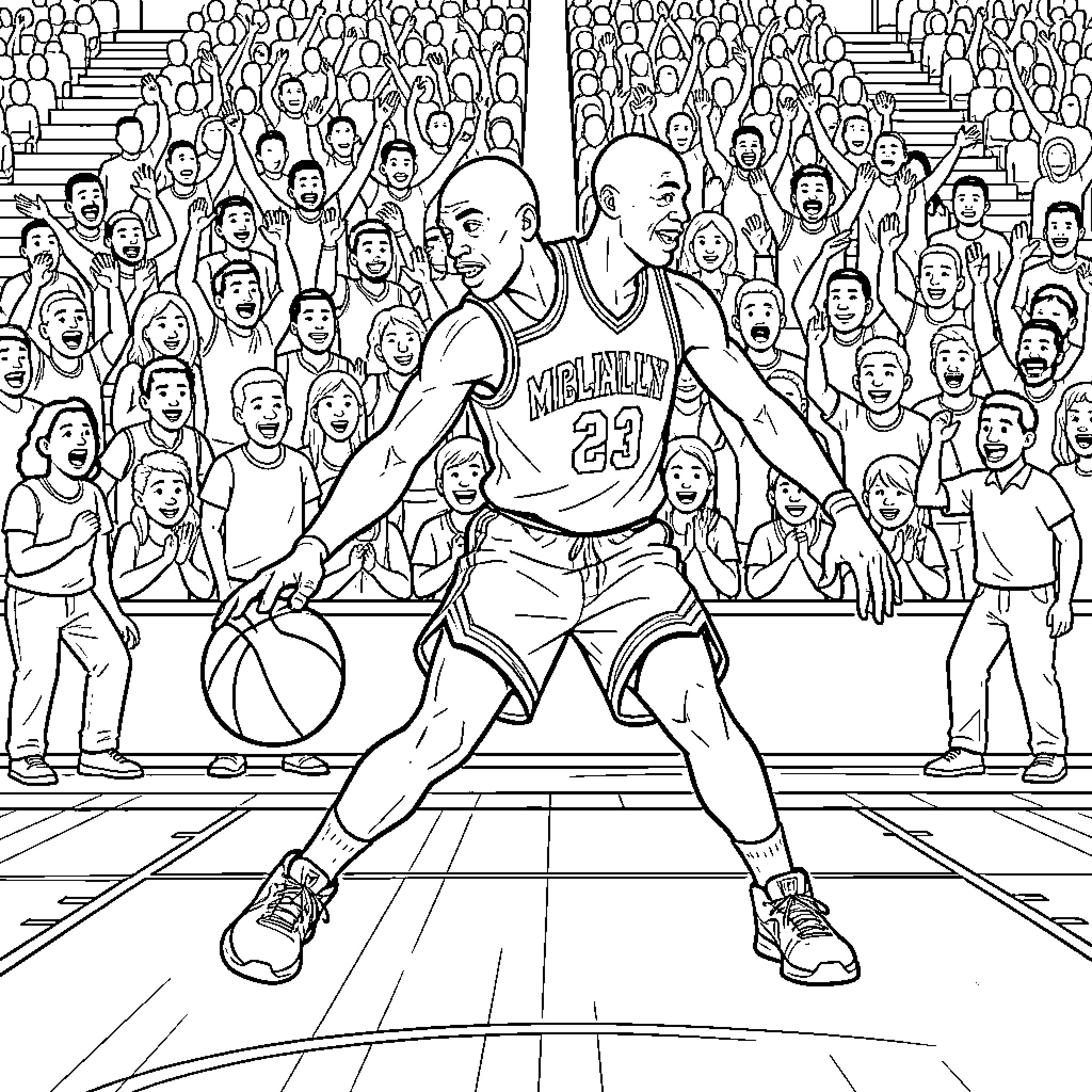 Michael Jordan Basketball Star Entertaining Crowd Coloring Page (free black-and-white line drawing printable PDF for all, from beginners to advanced learners, including children, teens, adults, and seniors)