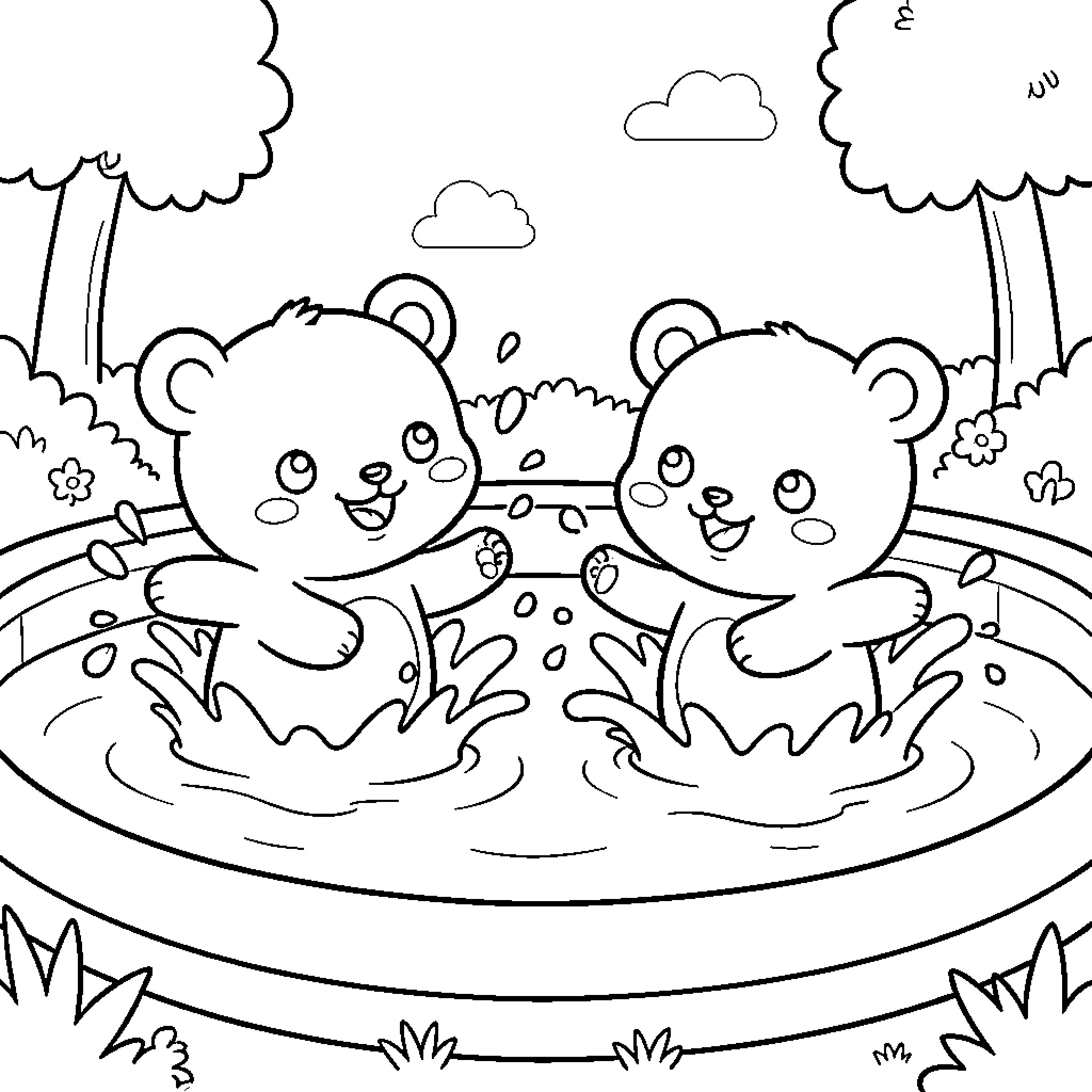 Bear cubs splashing in a puddle Coloring Page (free black-and-white line drawing printable PDF for all, from beginners to advanced learners, including children, teens, adults, and seniors)