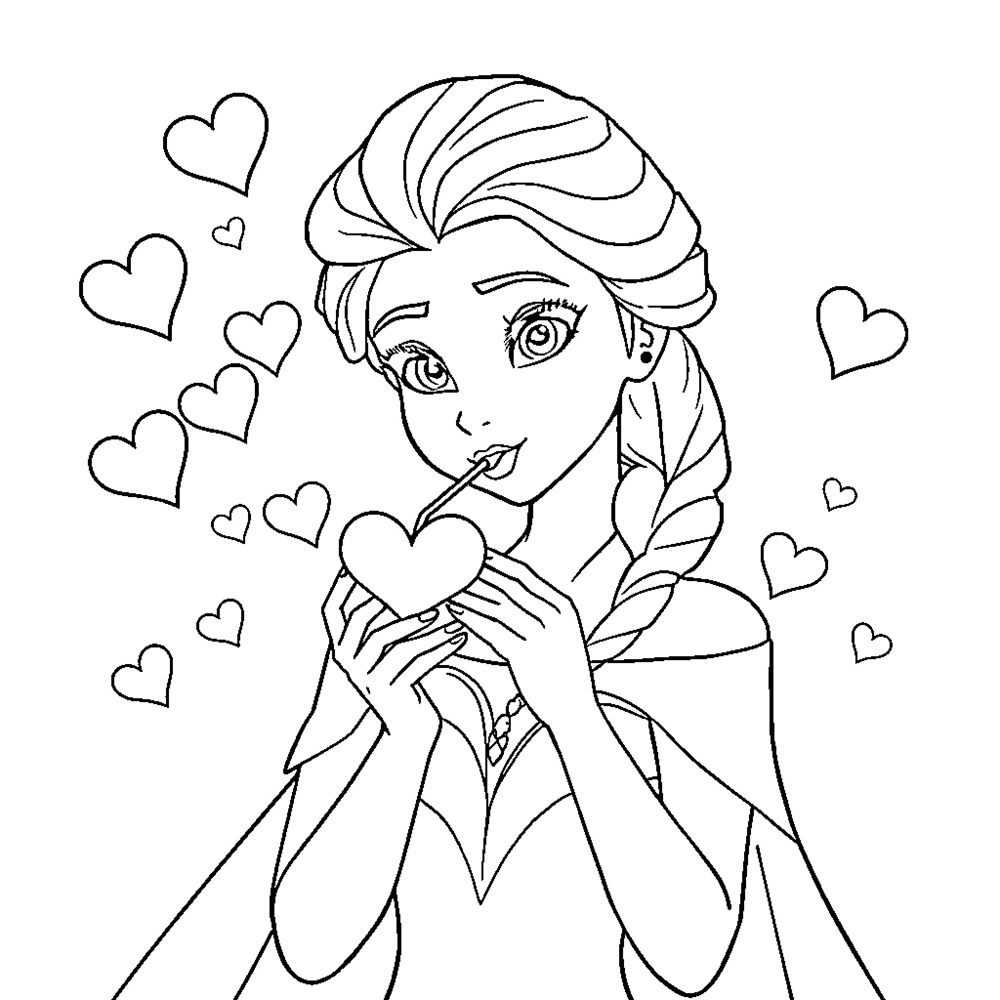 Elsa's Heart-Filled Adventure Coloring Page (free black-and-white line drawing printable PDF for all, from beginners to advanced learners, including children, teens, adults, and seniors)