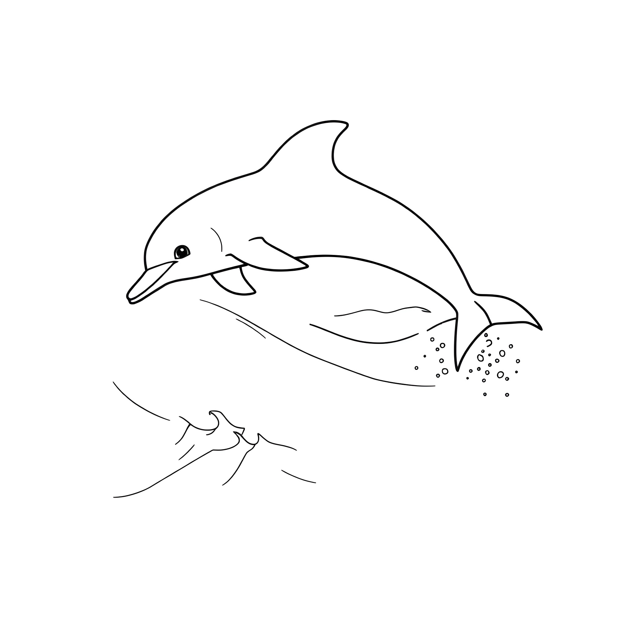 Dolphin swimming and jumping in the ocean Coloring Page (free black-and-white line drawing printable PDF for all, from beginners to advanced learners, including children, teens, adults, and seniors)