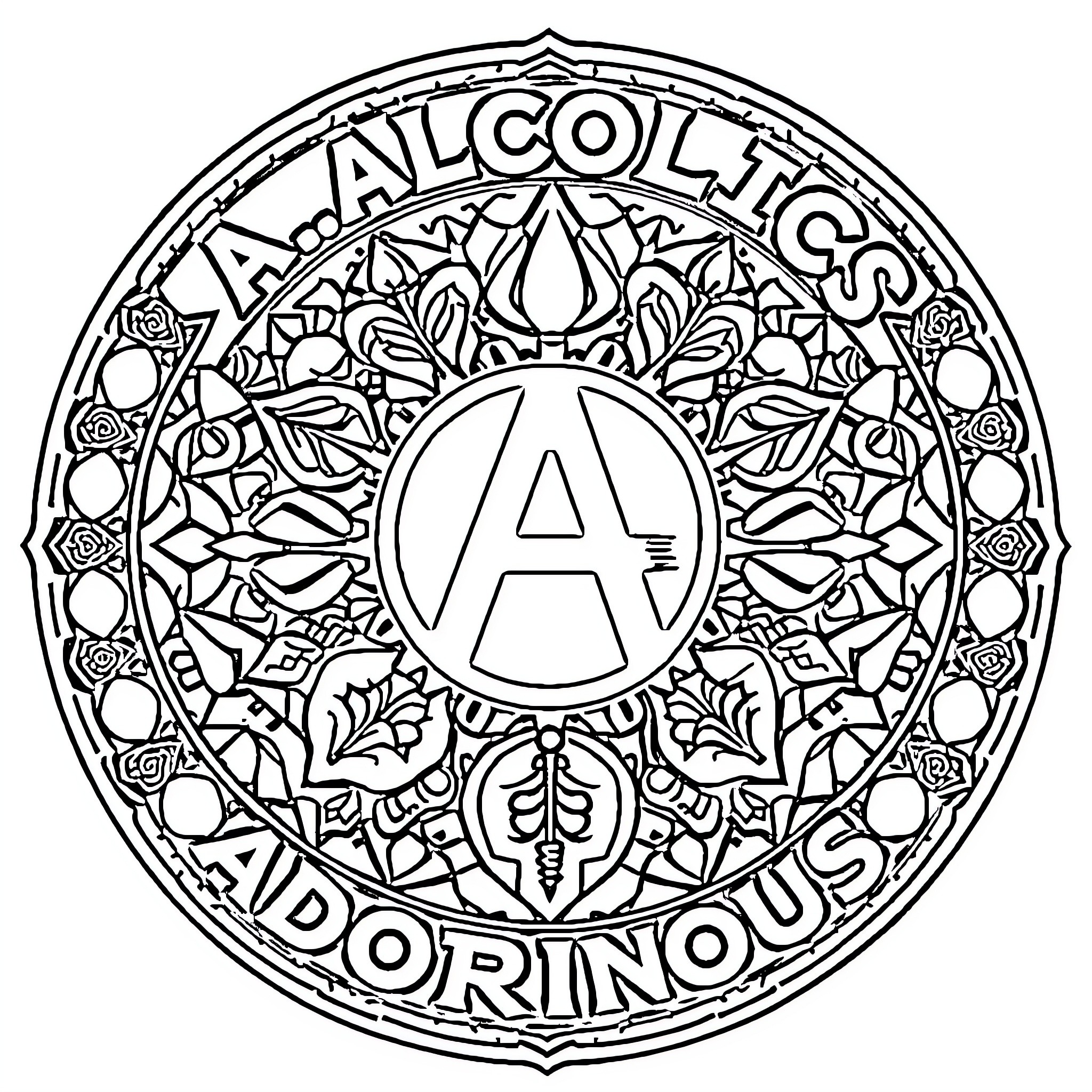 Alcoholics Anonymous ornamental emblem with symbolic elements Coloring Page (free black-and-white line drawing printable PDF for all, from beginners to advanced learners, including children, teens, adults, and seniors)