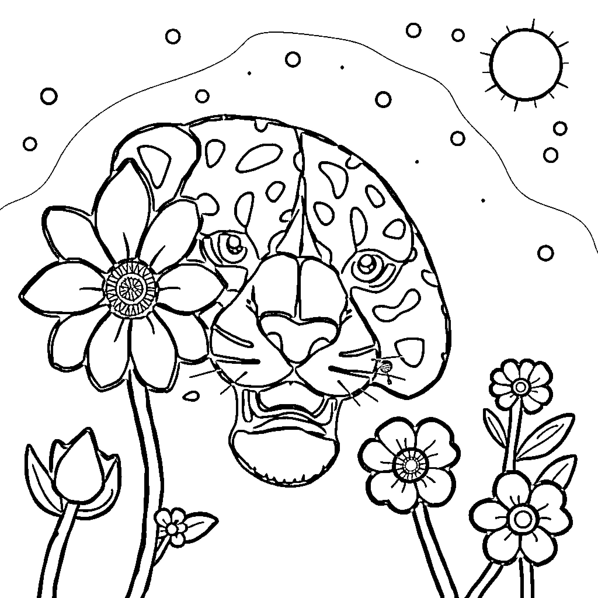 Artistic depiction of a mushroom surrounded by flowers Coloring Page (free black-and-white line drawing printable PDF for all, from beginners to advanced learners, including children, teens, adults, and seniors)