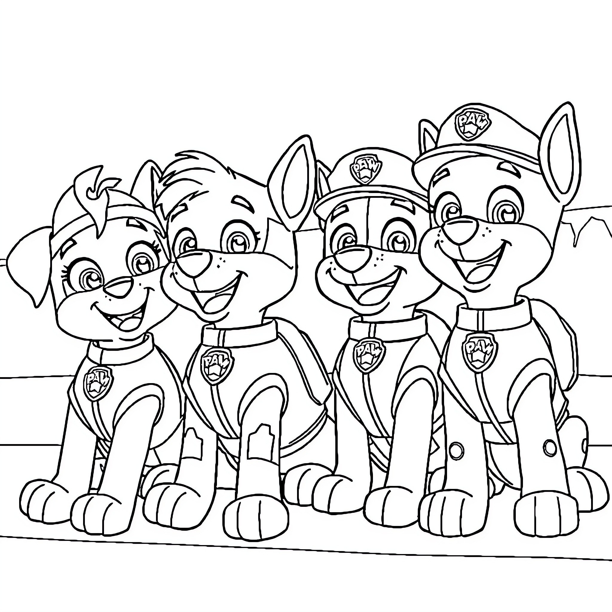 Paw Patrol puppies in uniform having fun Coloring Page (free black-and-white line drawing printable PDF for all, from beginners to advanced learners, including children, teens, adults, and seniors)