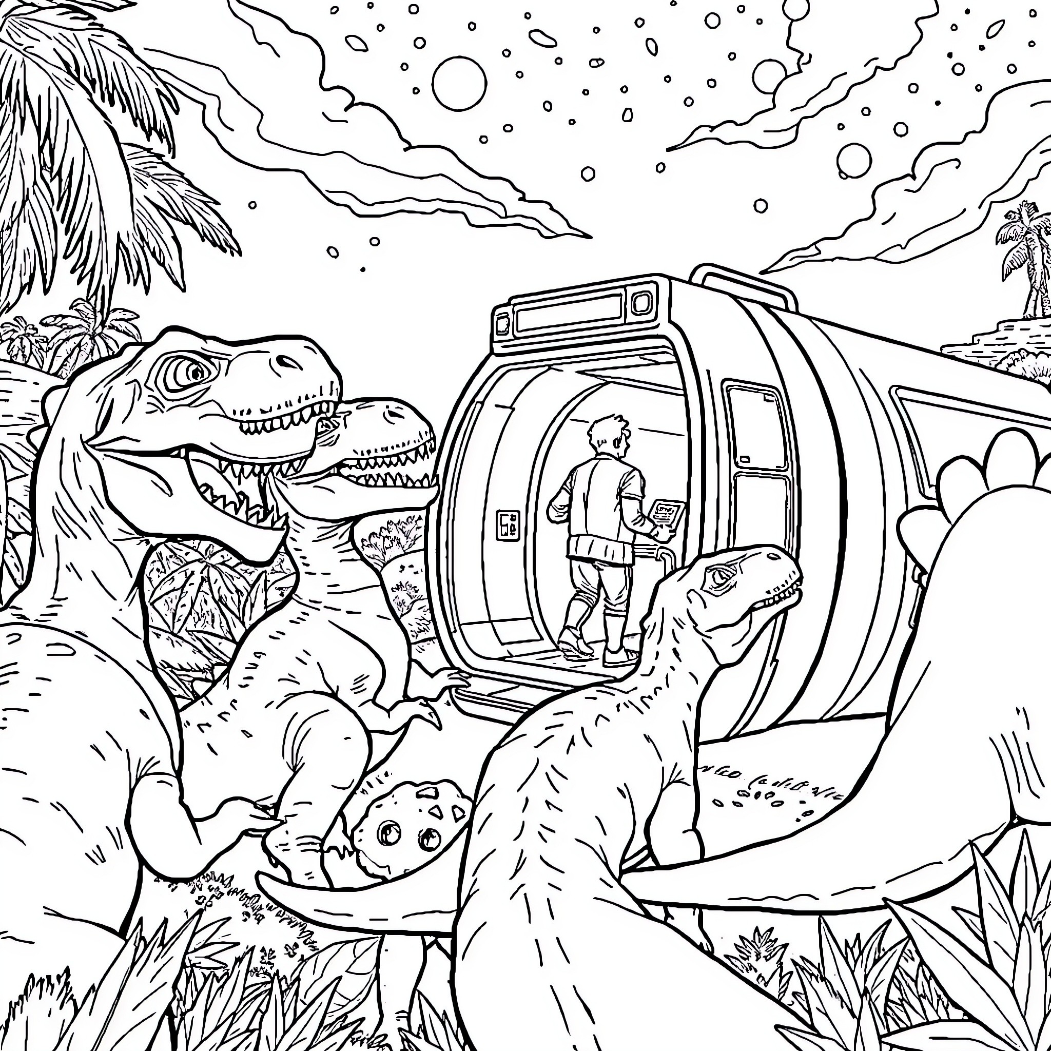 Dinosaur adventure in a futuristic enclosure Coloring Page (free black-and-white line drawing printable PDF for all, from beginners to advanced learners, including children, teens, adults, and seniors)