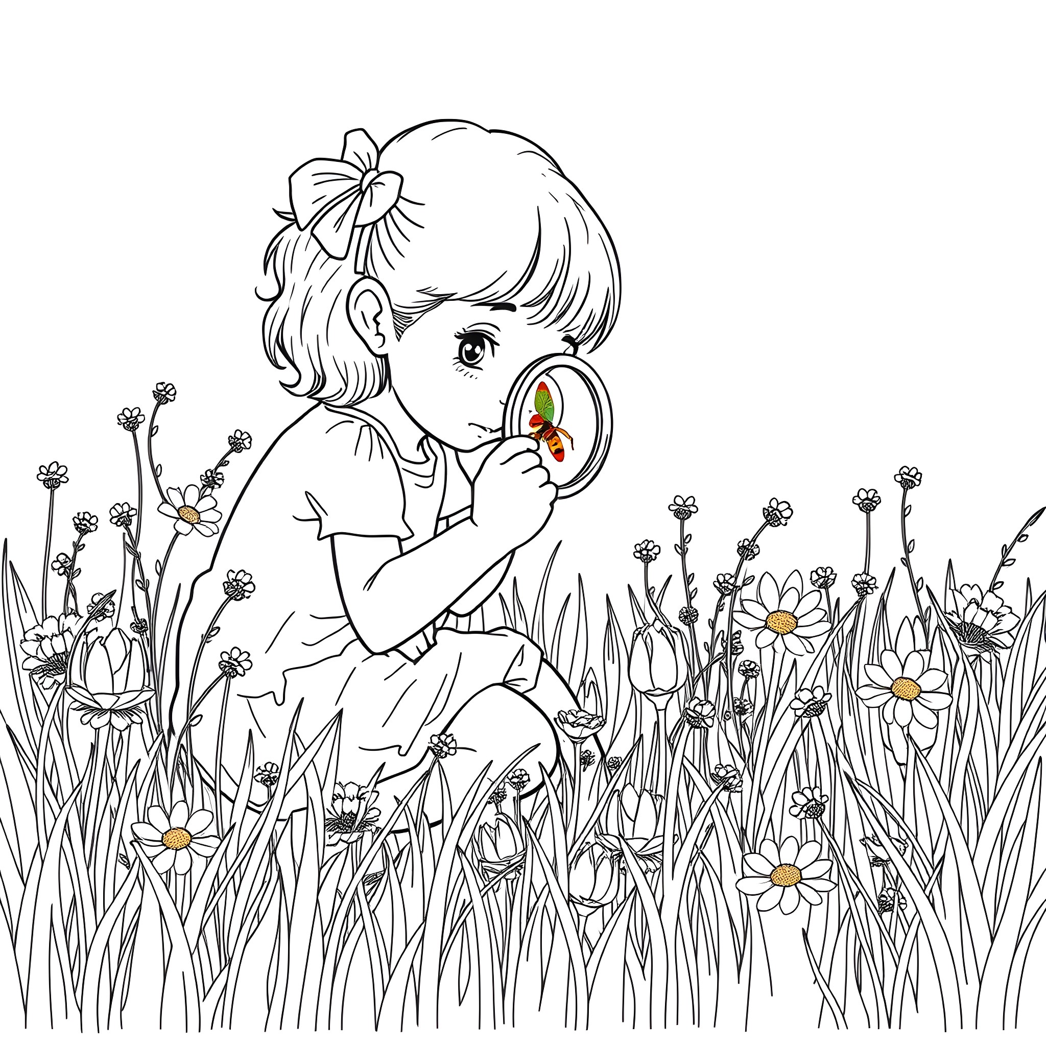 Girl Exploring Nature with Magnifying Glass Coloring Page (free black-and-white line drawing printable PDF for all, from beginners to advanced learners, including children, teens, adults, and seniors)