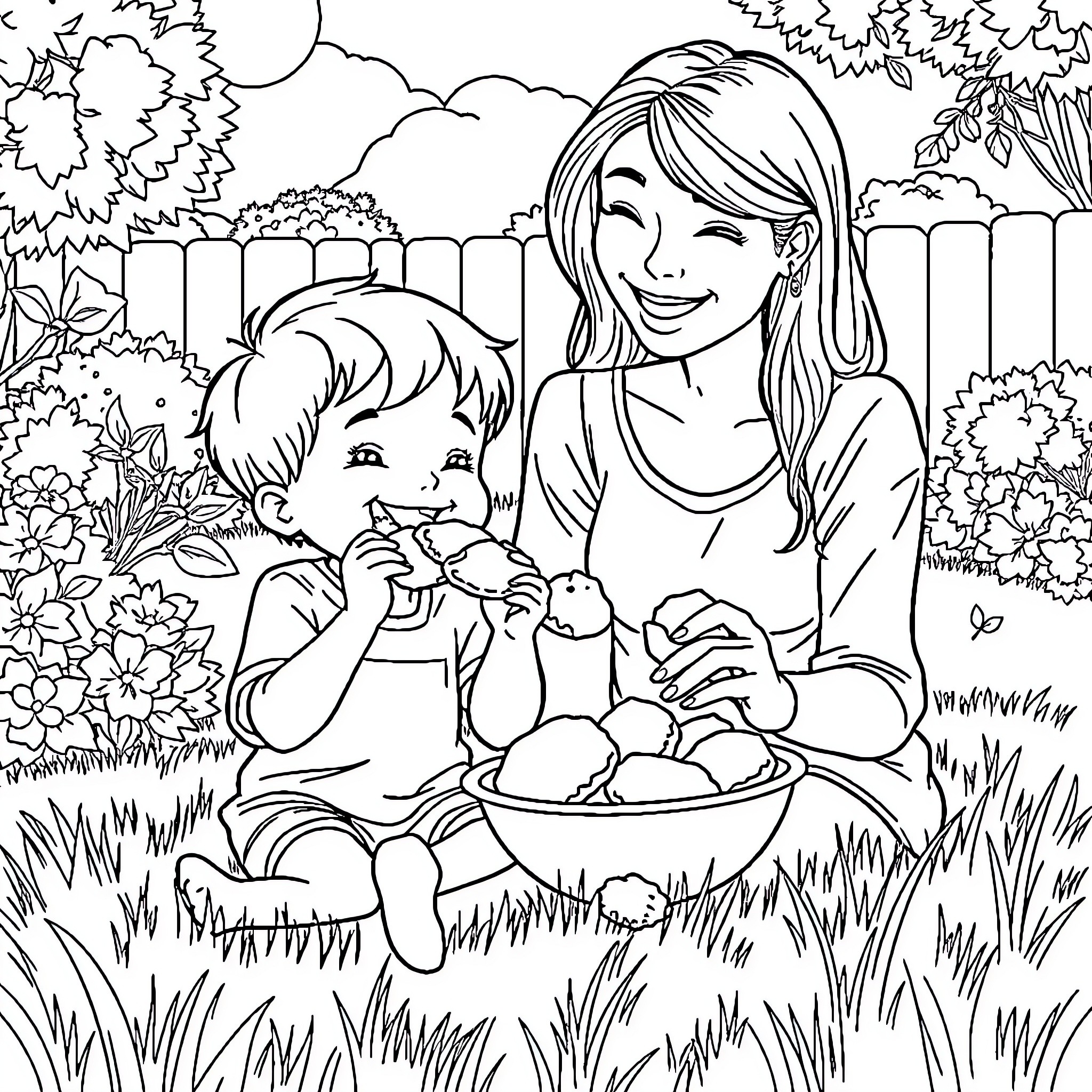 Kid sharing snacks with mother in outdoor garden Coloring Page (free black-and-white line drawing printable PDF for all, from beginners to advanced learners, including children, teens, adults, and seniors)