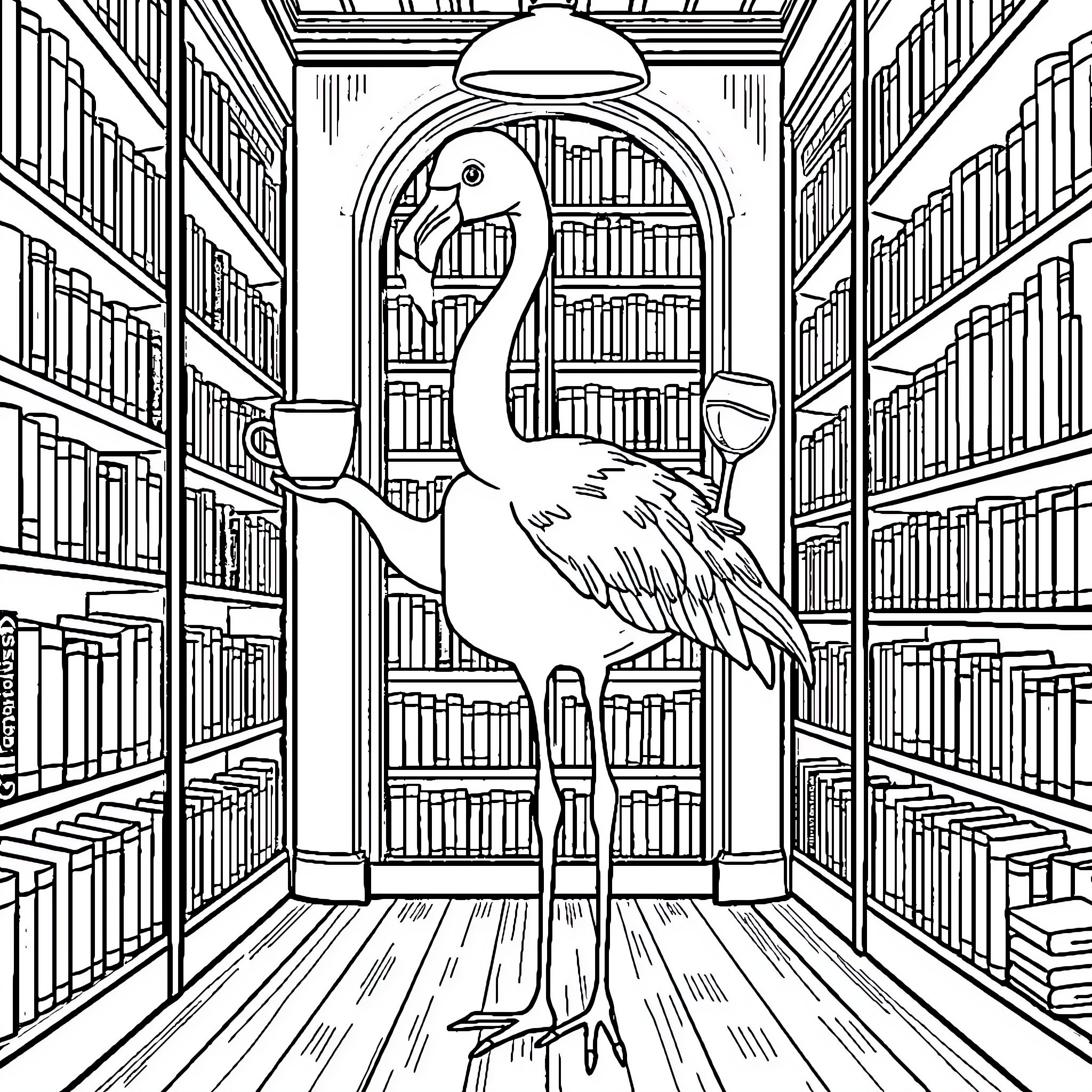 Flamingo enjoys the library's solace Coloring Page (free black-and-white line drawing printable PDF for all, from beginners to advanced learners, including children, teens, adults, and seniors)