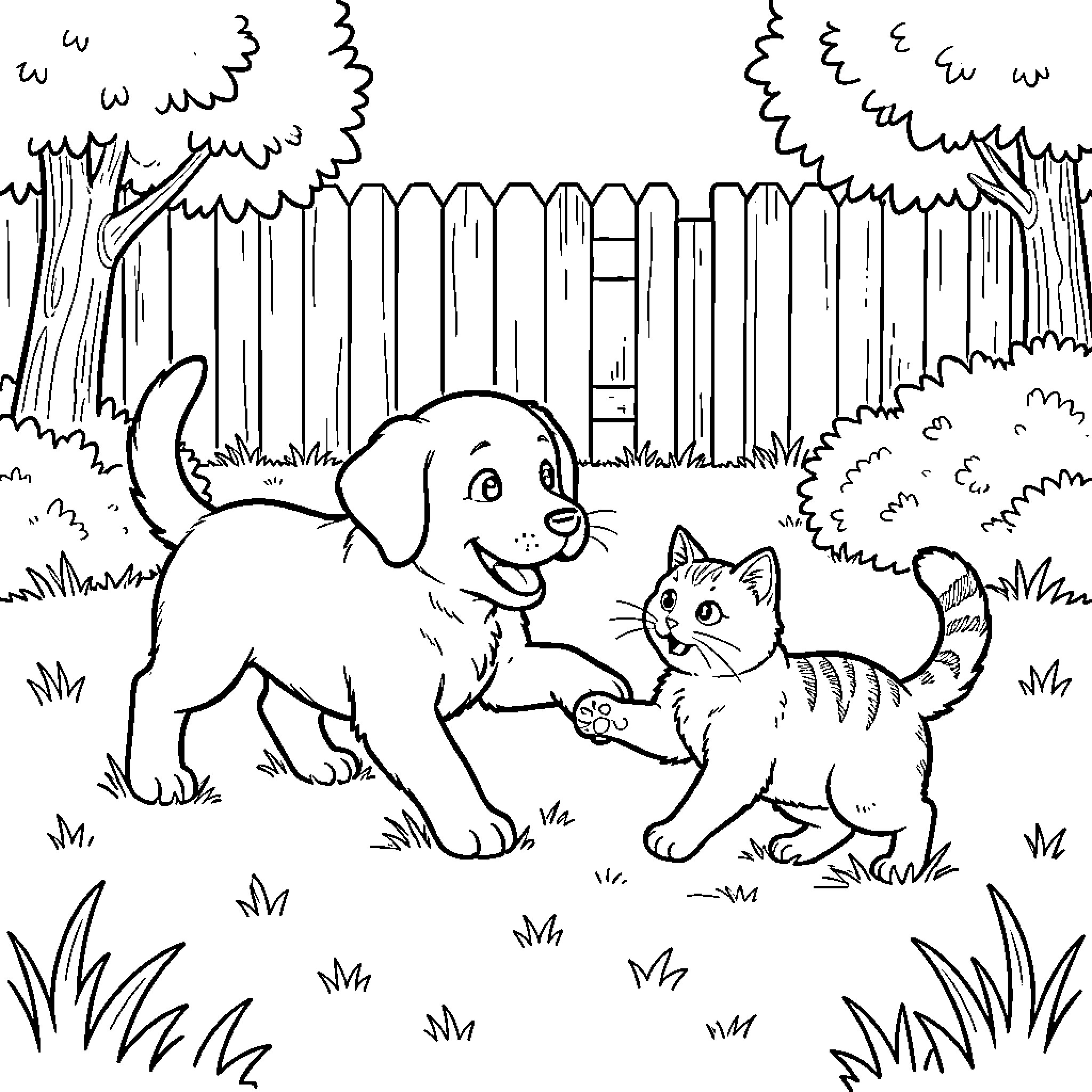 Puppy and kitten playing together in the yard Coloring Page (free black-and-white line drawing printable PDF for all, from beginners to advanced learners, including children, teens, adults, and seniors)