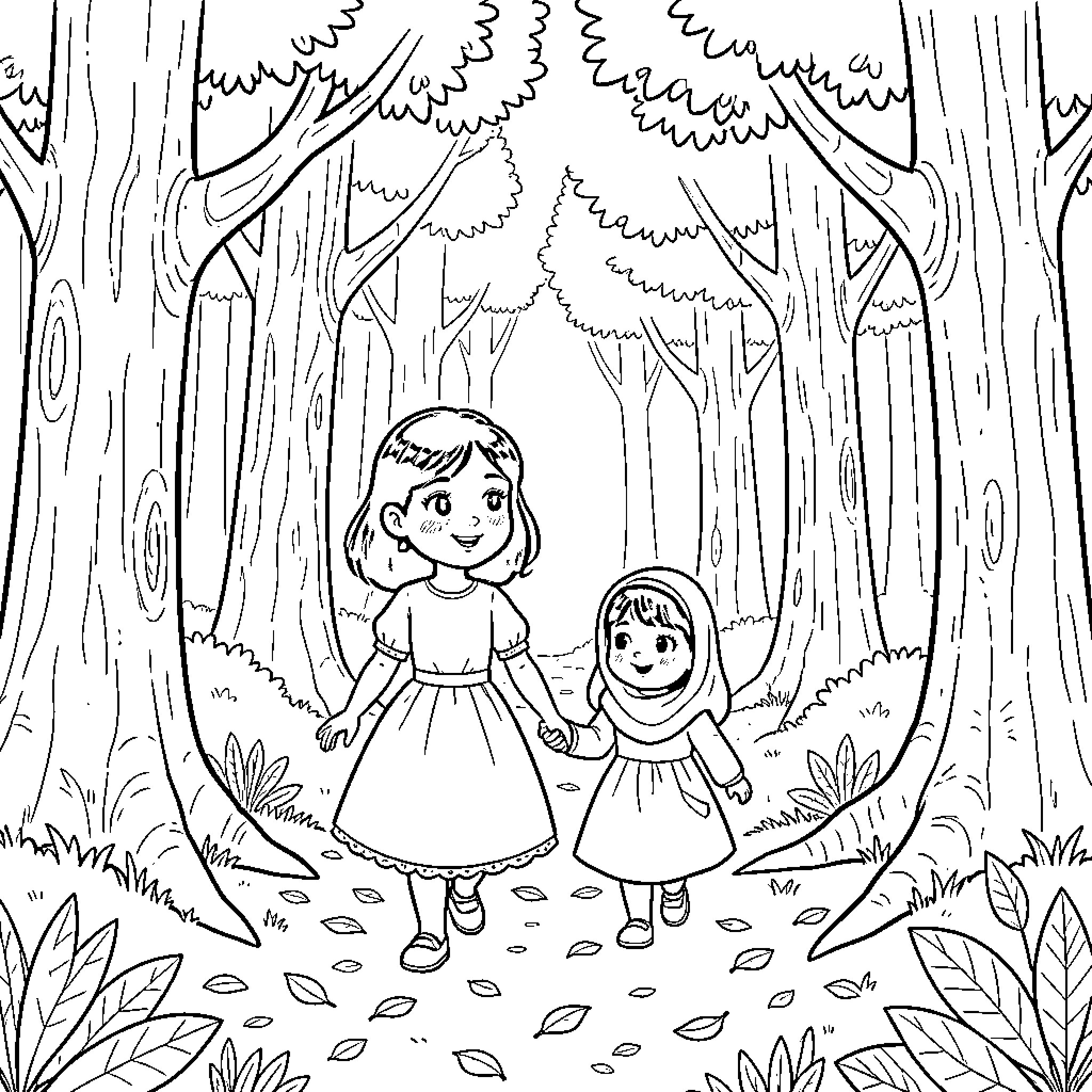 Masha walking hand in hand with a friend through the forest Coloring Page (free black-and-white line drawing printable PDF for all, from beginners to advanced learners, including children, teens, adults, and seniors)
