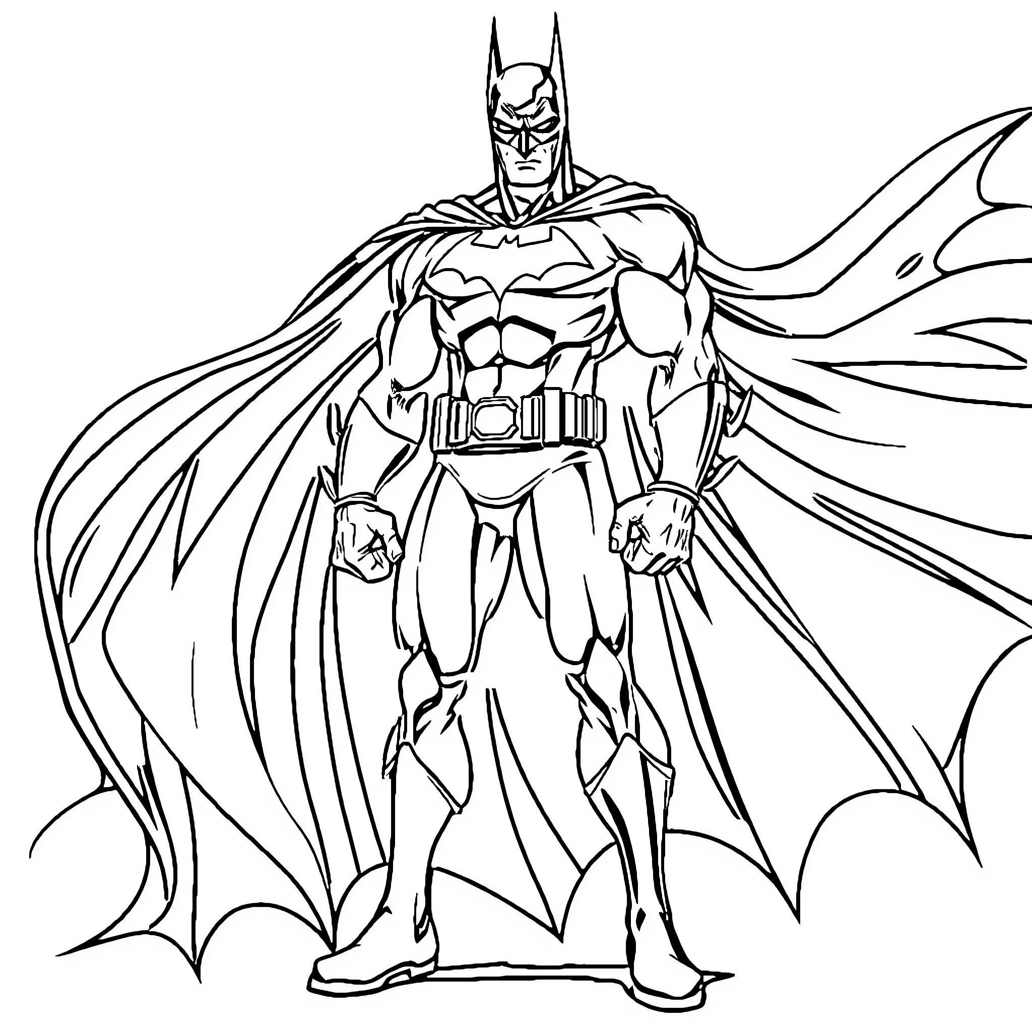 Batman in heroic pose with cape and cowl Coloring Page (free black-and-white line drawing printable PDF for all, from beginners to advanced learners, including children, teens, adults, and seniors)