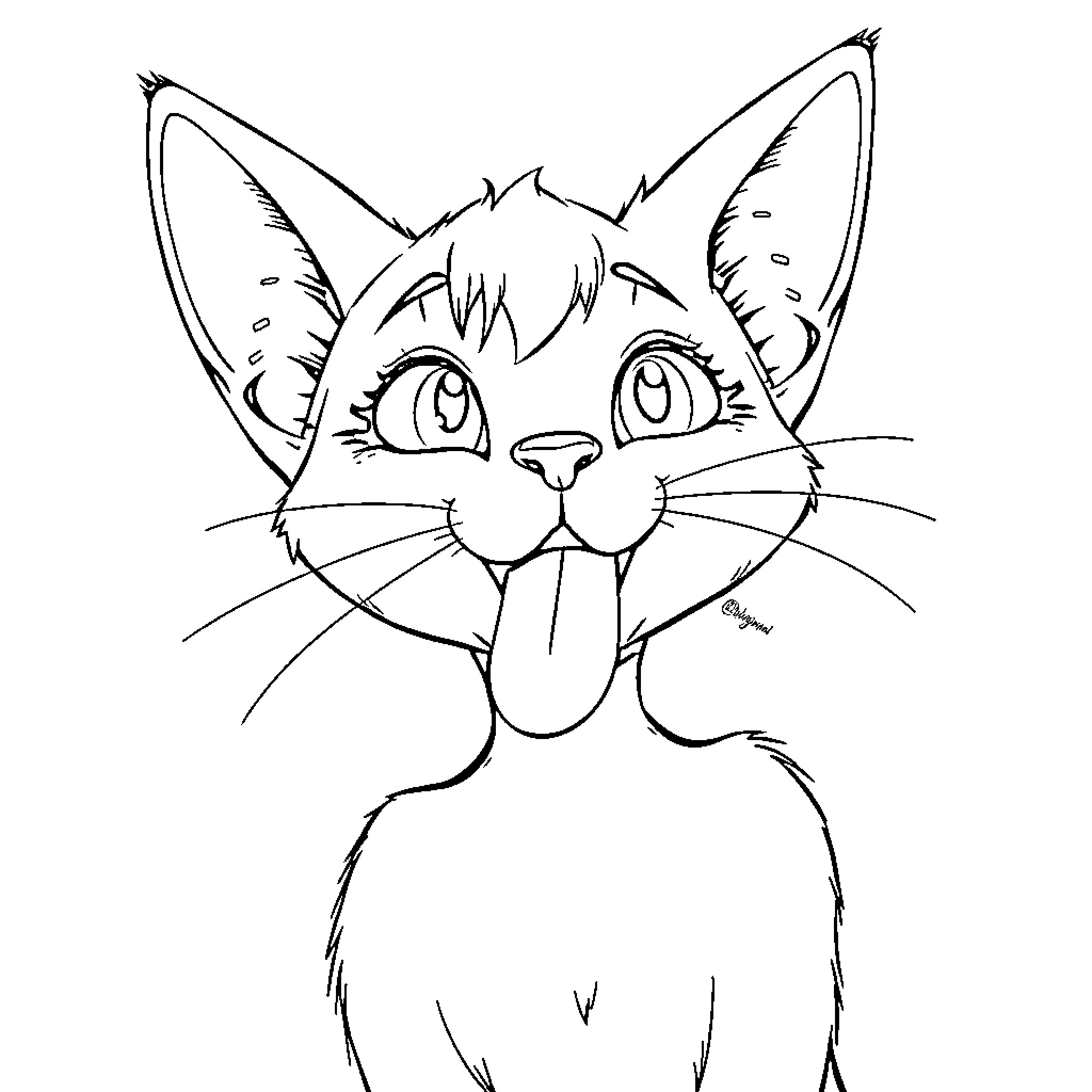 Catgirl with Playful Expression Coloring Page (free black-and-white line drawing printable PDF for all, from beginners to advanced learners, including children, teens, adults, and seniors)