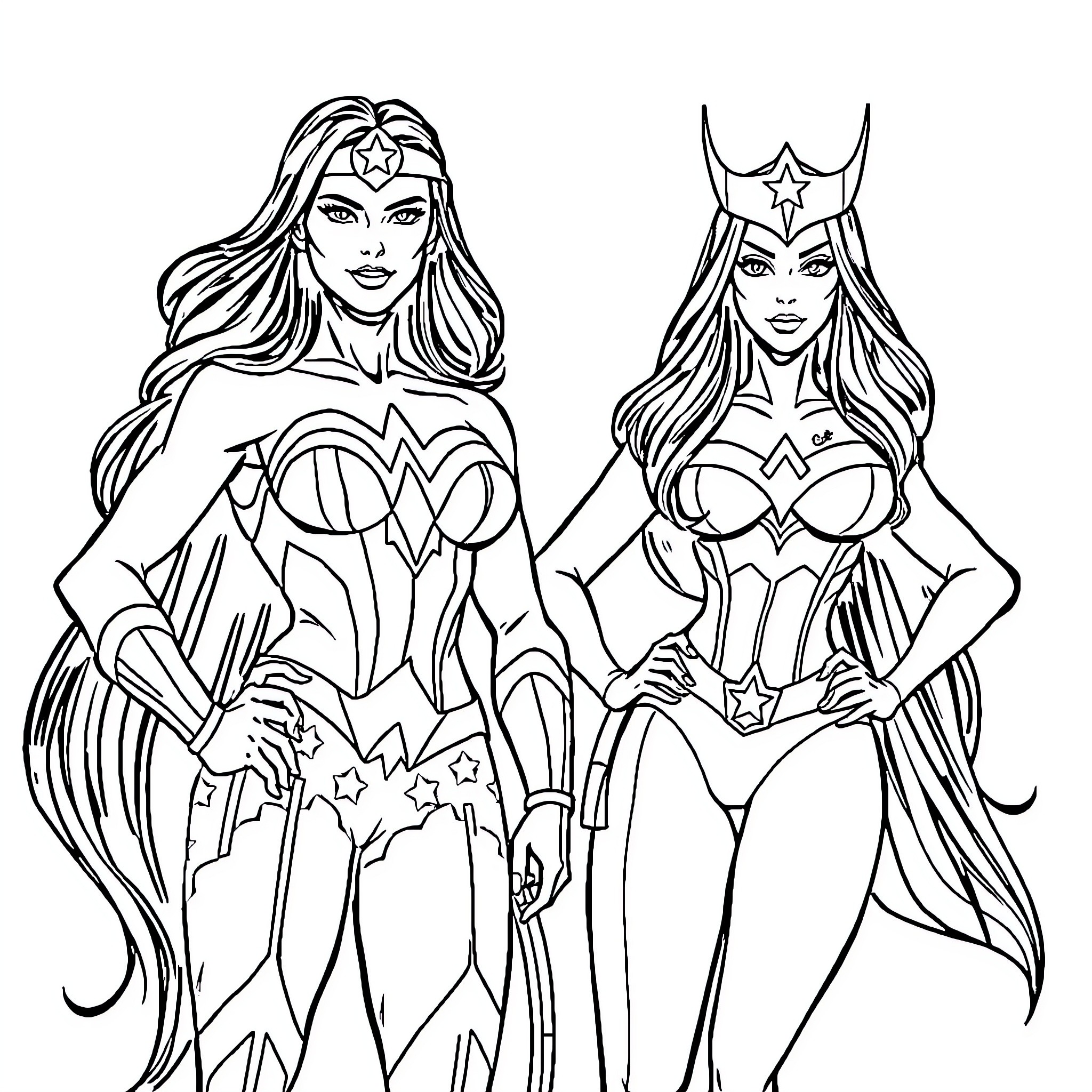 Wonder Woman and Cheetah in Superhero Poses Coloring Page (free black-and-white line drawing printable PDF for all, from beginners to advanced learners, including children, teens, adults, and seniors)