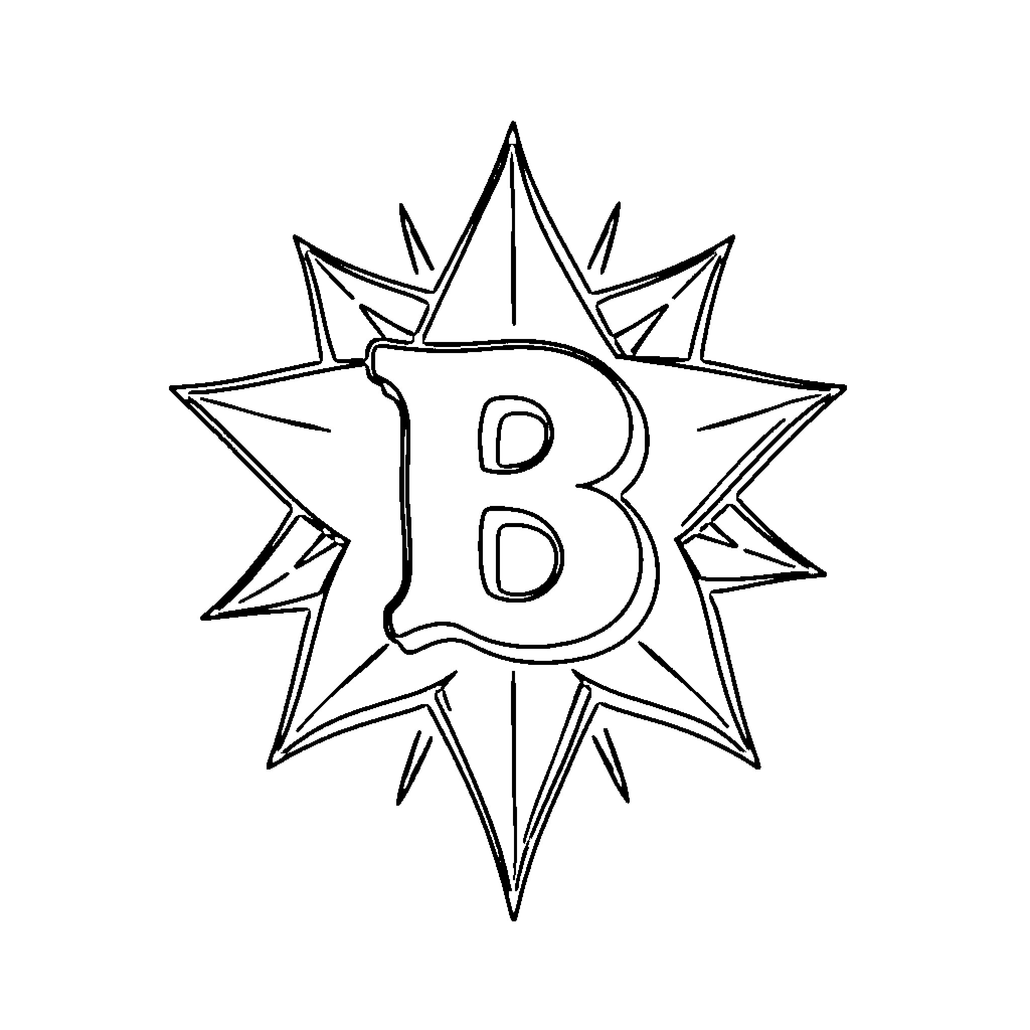 Letter B in a Burst Design Coloring Page (free black-and-white line drawing printable PDF for all, from beginners to advanced learners, including children, teens, adults, and seniors)