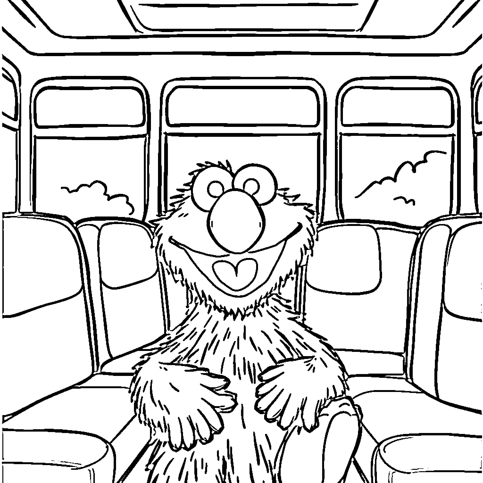 Grover Rides the Bus with Excitement Coloring Page (free black-and-white line drawing printable PDF for all, from beginners to advanced learners, including children, teens, adults, and seniors)