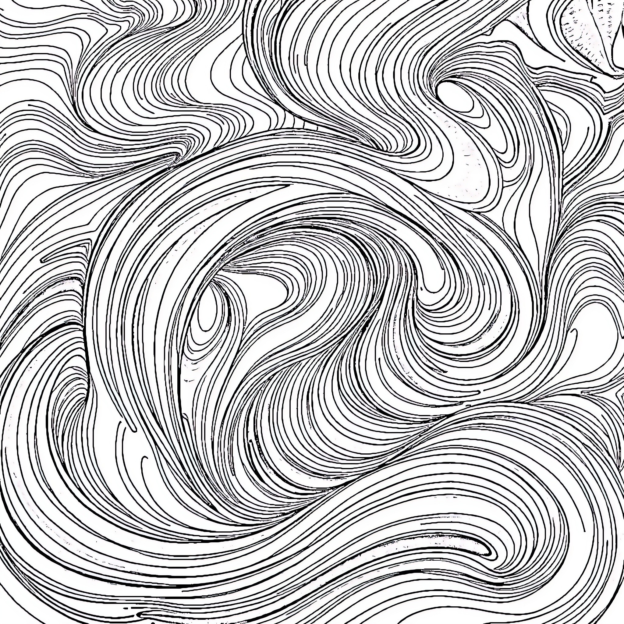 Abstract Swirling Patterns and Waves Coloring Page (free black-and-white line drawing printable PDF for all, from beginners to advanced learners, including children, teens, adults, and seniors)