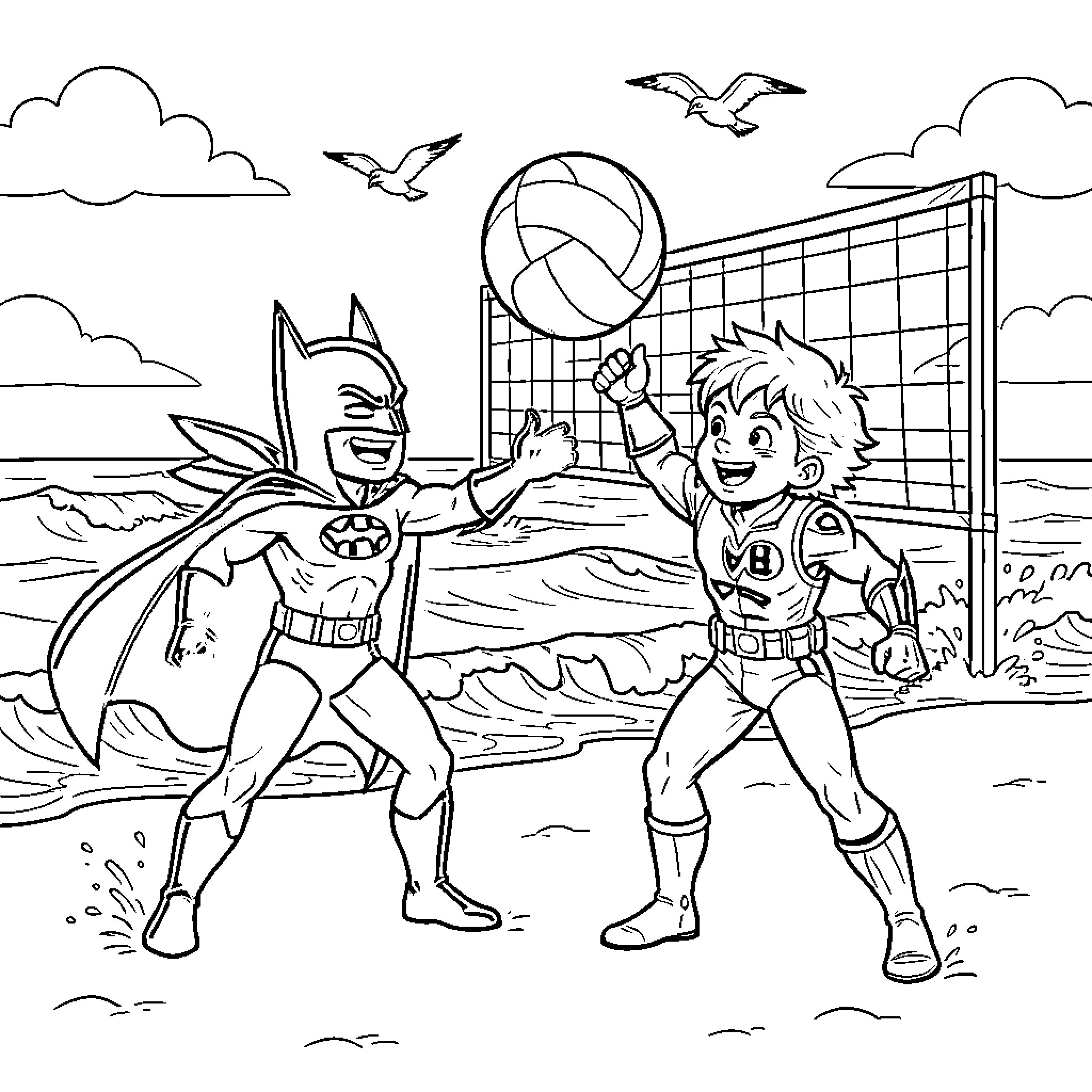 Kid Batman playing volleyball with a friend Coloring Page (free black-and-white line drawing printable PDF for all, from beginners to advanced learners, including children, teens, adults, and seniors)