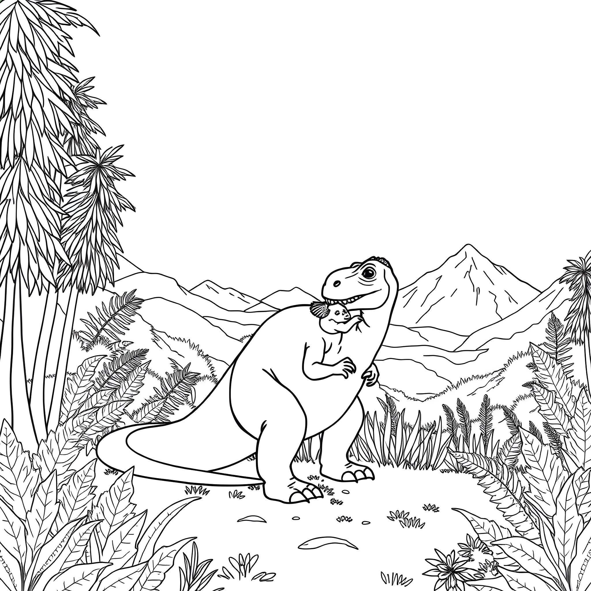 Dino relaxing in a lush prehistoric landscape Coloring Page (free black-and-white line drawing printable PDF for all, from beginners to advanced learners, including children, teens, adults, and seniors)