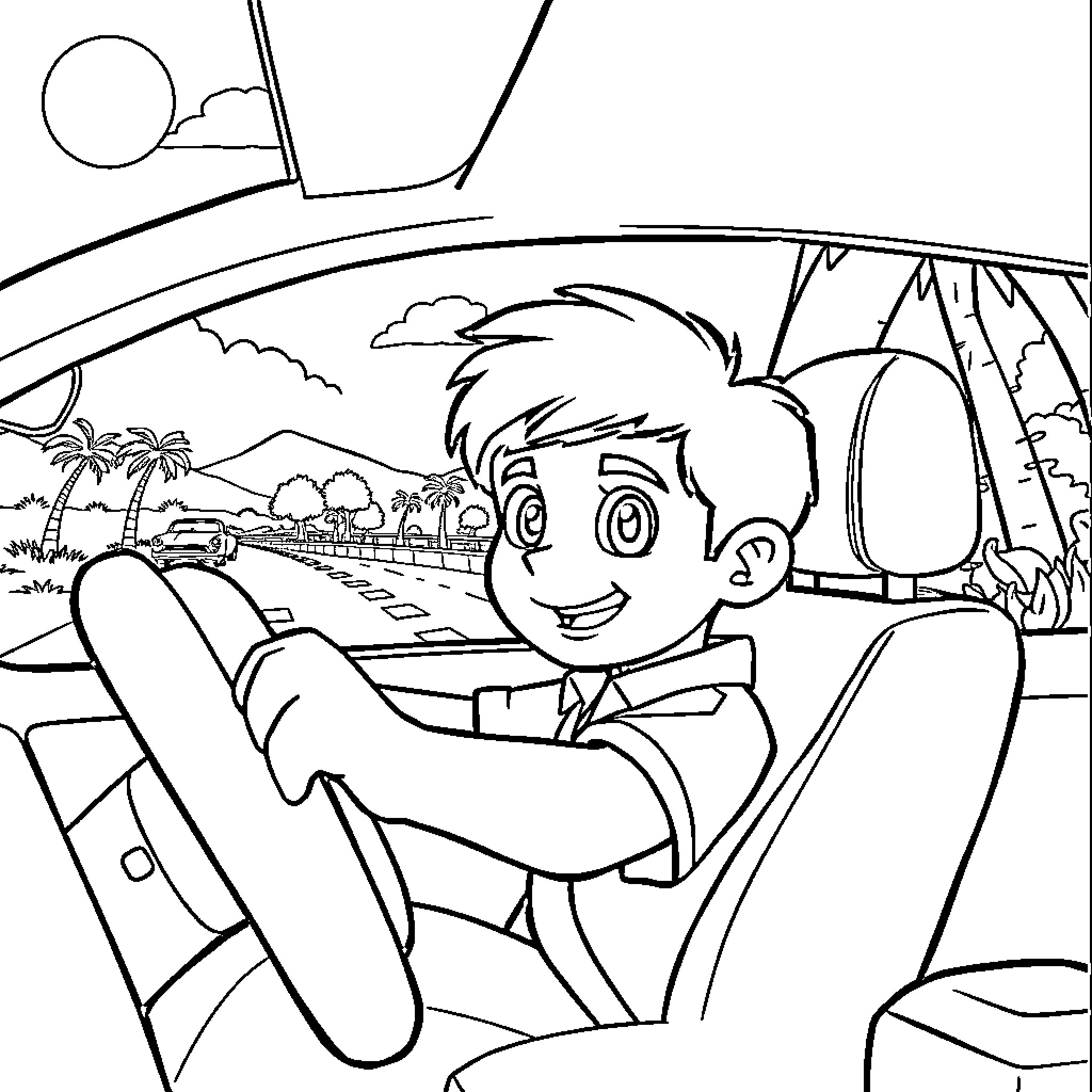 Diego driving happily through the scenic countryside Coloring Page (free black-and-white line drawing printable PDF for all, from beginners to advanced learners, including children, teens, adults, and seniors)