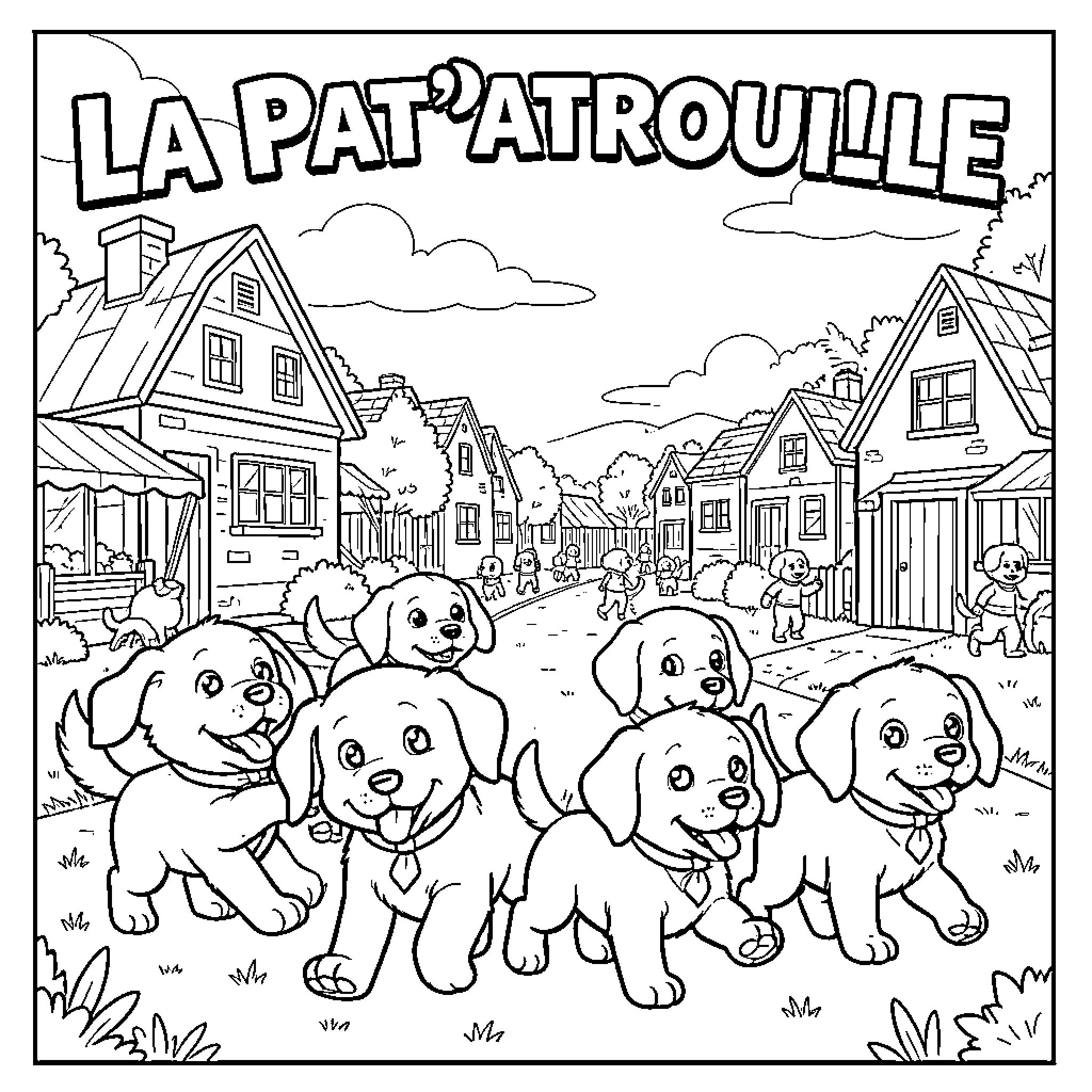 Paw Patrol pups running happily through a village street Coloring Page (free black-and-white line drawing printable PDF for all, from beginners to advanced learners, including children, teens, adults, and seniors)