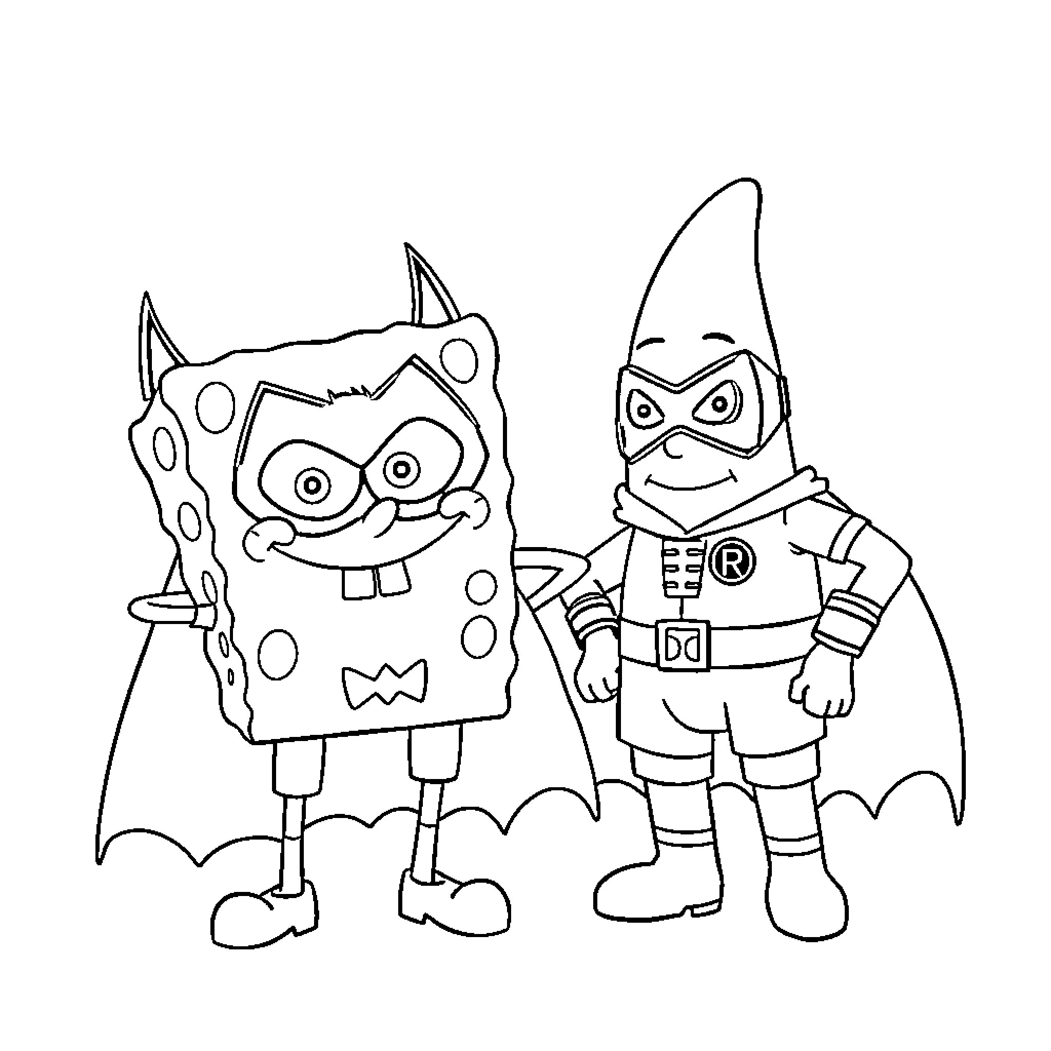 Spongebob and Superhero Friend in Funny Poses Coloring Page (free black-and-white line drawing printable PDF for all, from beginners to advanced learners, including children, teens, adults, and seniors)