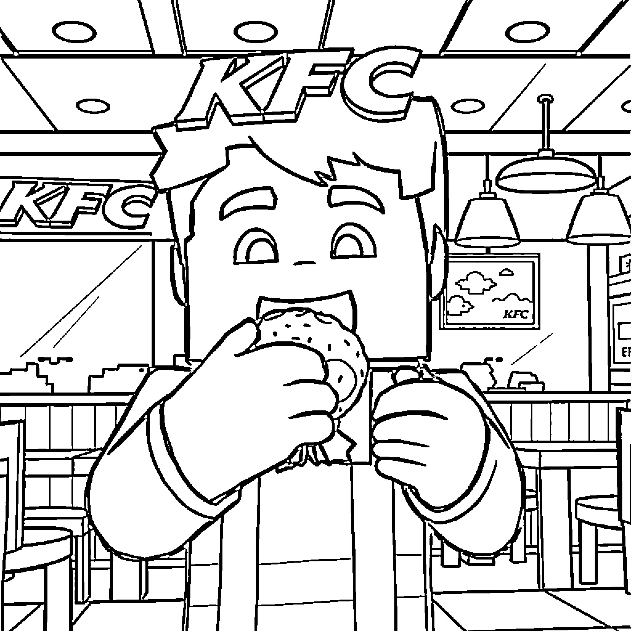 Steve enjoying a delightful KFC meal in the restaurant Coloring Page (free black-and-white line drawing printable PDF for all, from beginners to advanced learners, including children, teens, adults, and seniors)