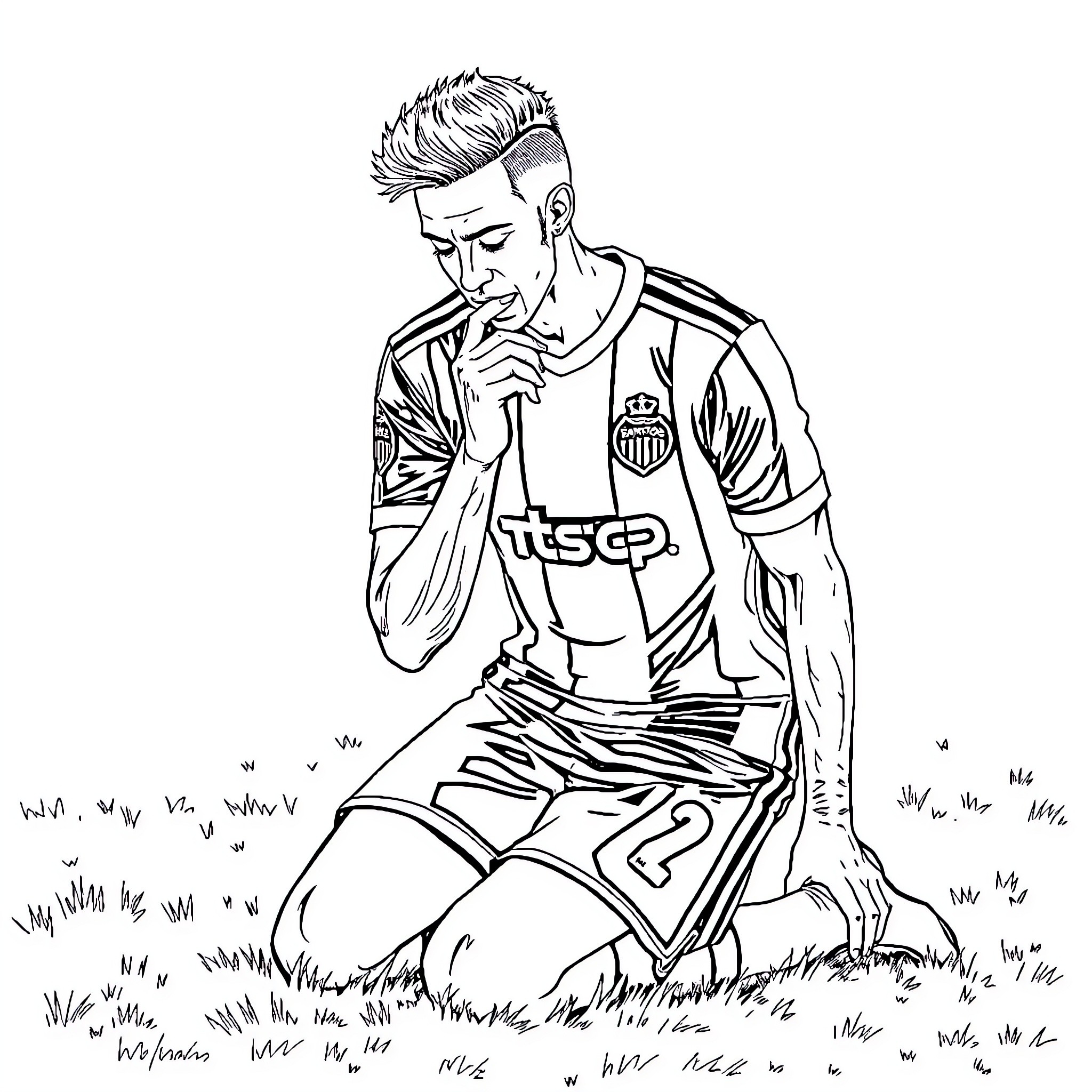 Neymar JR Contemplating on the Field Coloring Page (free black-and-white line drawing printable PDF for all, from beginners to advanced learners, including children, teens, adults, and seniors)